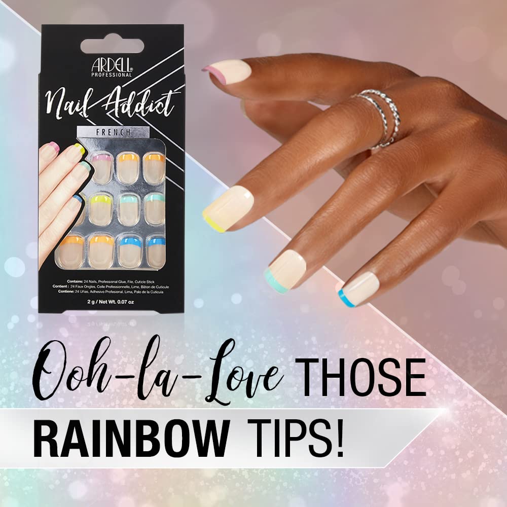 Ardell Nail Addict Artificial Nail Set - Rainbow French Tips Press on Nails for Women | Salon Quality Fake Nails for Parties, Weddings & Special Occasions