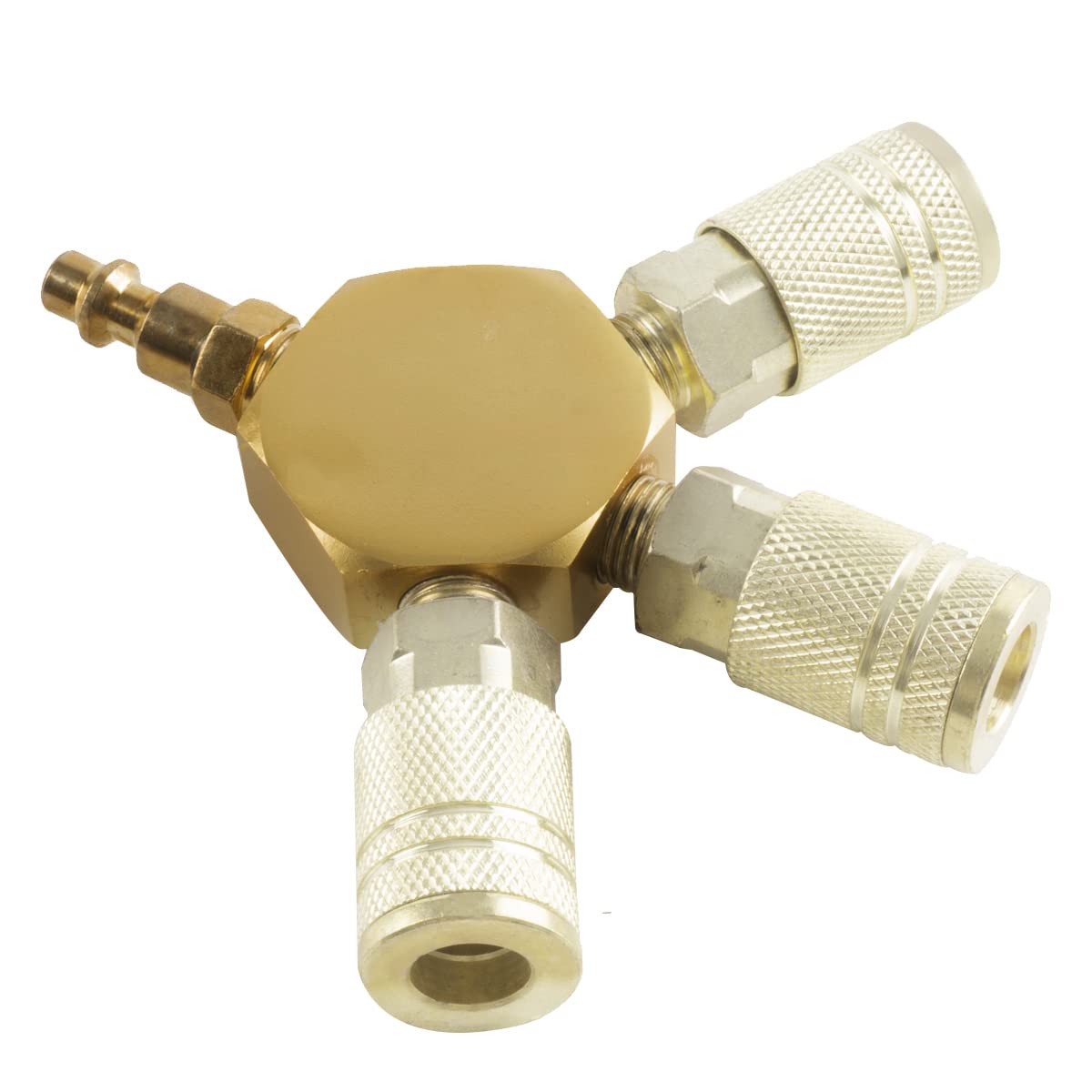 3-Way Air Splitter - 1/4 Inch NPT Hex Style Air Manifold with 3 Brass Industrial Couplers & Plugs - Air Compressor Hose Fittings - Perfect for Pneumatic Tools, Tire Inflation & Workshop Air Systems