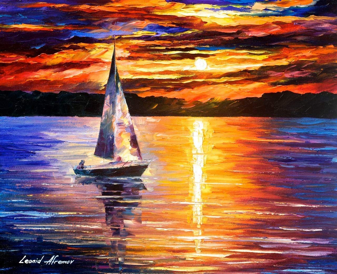 Sunset Over The Lake - Handmade Contemporary Seascape Oil Painting on Canvas by Leonid Afremov Studio - 30x24 Inch (75x60cm) Wall Art for Living Room, Bedroom & Office Decor
