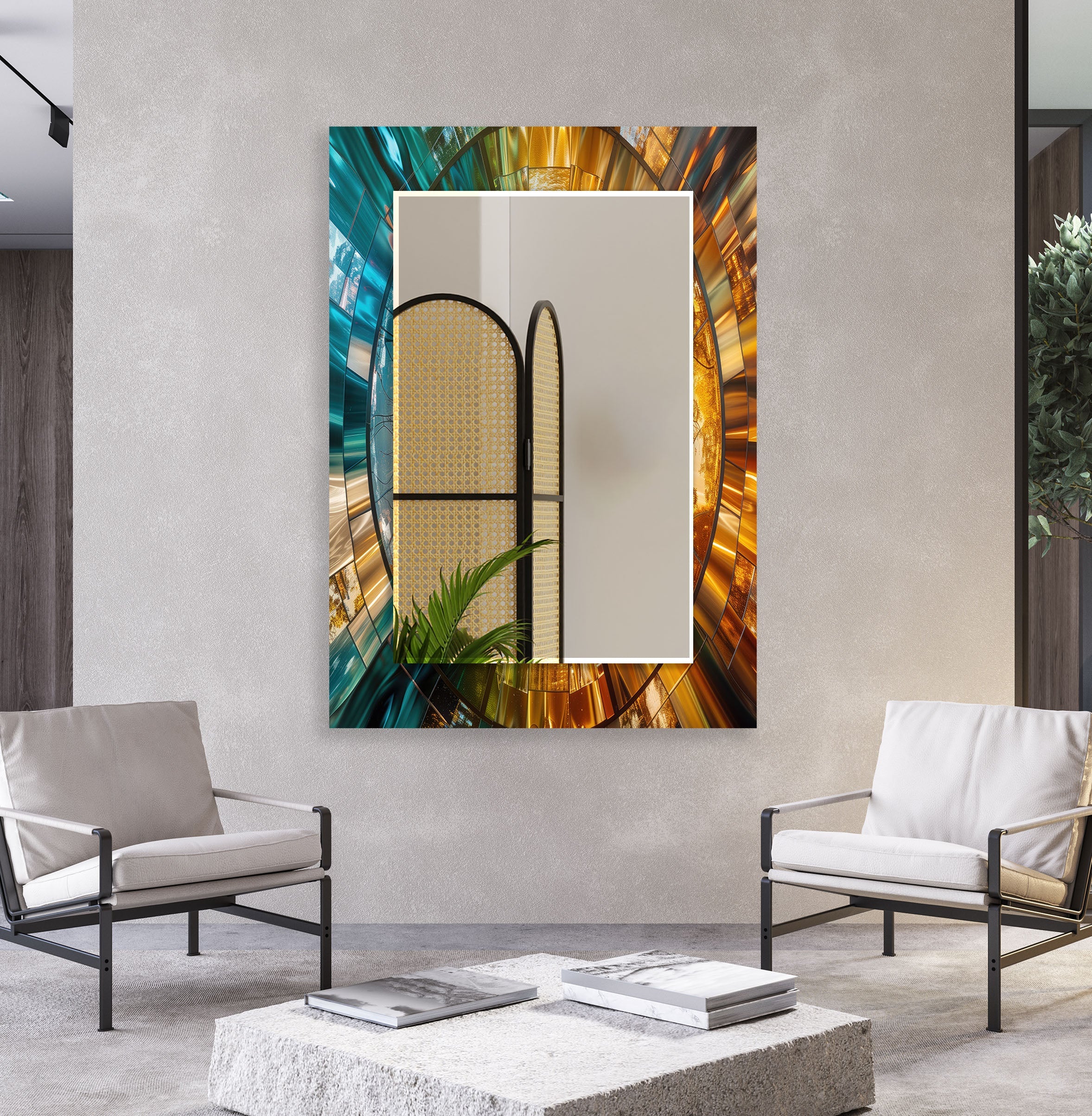Blue and Gold Abstract Wall Mirrors - Modern Decorative Mirror for Living Room, Bedroom & Entryway - Stylish Home Decor Accent Piece