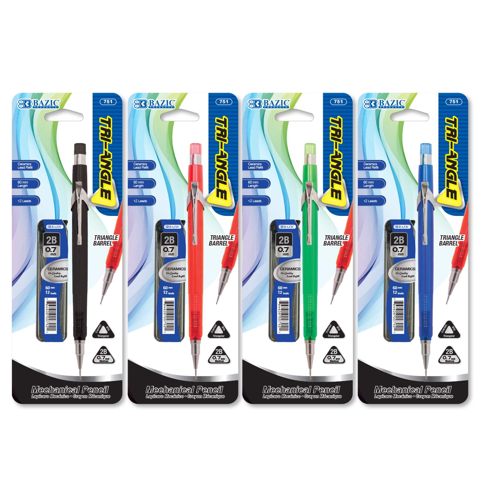 BAZIC 0.7mm Mechanical Pencils with Triangle Soft Grip - 144 Pack, Includes 2B Ceramic Lead Refills & Latex-Free Eraser - Perfect for Drafting, Drawing, Sketching, School, Office & Art Projects