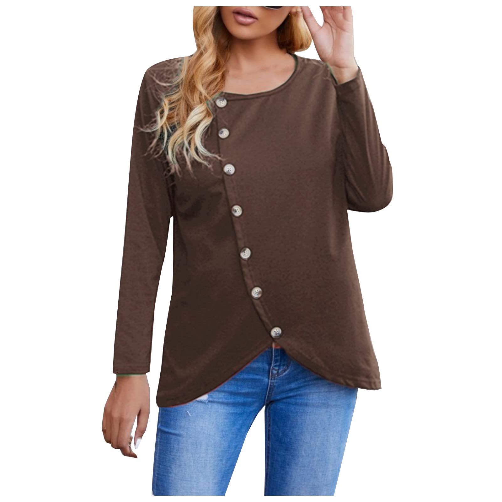 Trendy Women's Casual Solid Color Single-Breasted Round Neck Long Sleeve Blouse with Asymmetrical Hem - Perfect for Office Wear, Date Nights & Weekend Outings