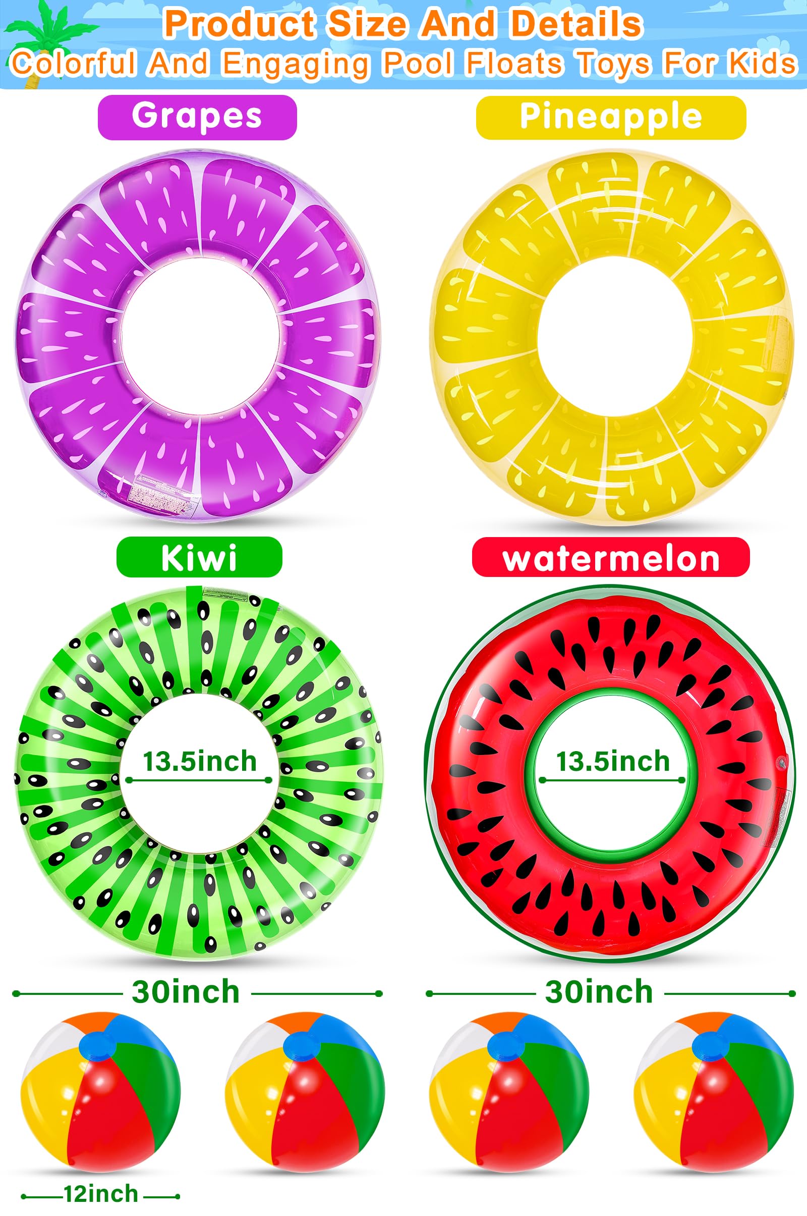 8 Pack Inflatable Pool Floats for Kids & Adults - 4 Fruit Swim Rings + 4 Beach Balls - Summer Water Toys for Pool, Beach, Luau Parties & Backyard Fun - Hawaiian-Themed Floaties for Swimming & Relaxation