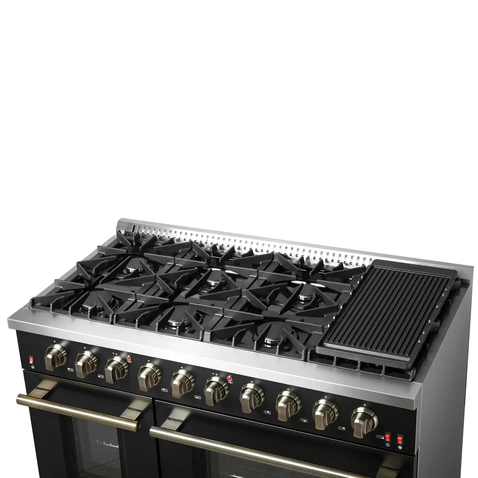 Forno Galiano 48-Inch French Door Freestanding All Gas Range - Black with Antique Brass Trim (Model FFSGS6444 48BLK) | Professional Kitchen Appliance for Home Chefs & Gourmet Cooking