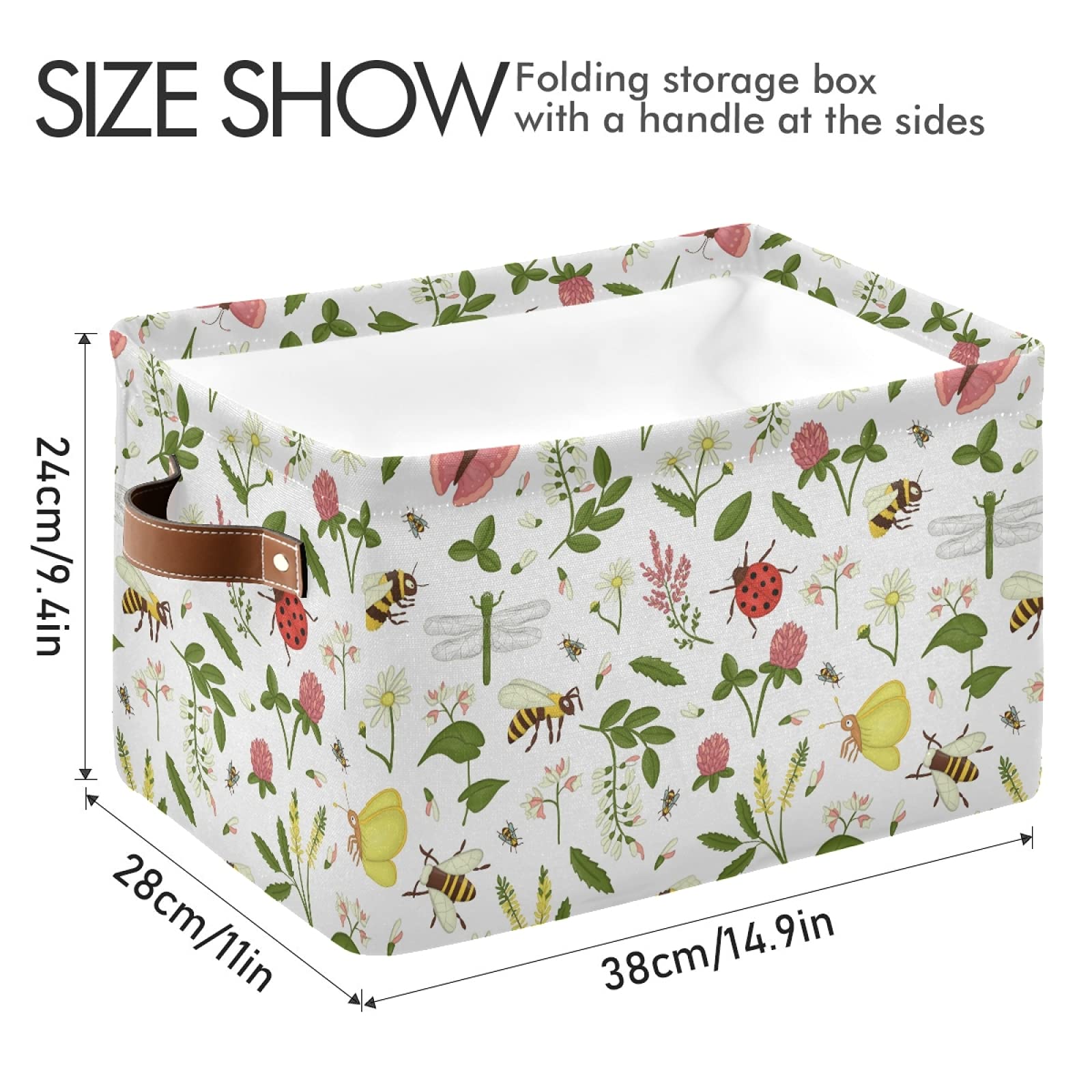 Wild Flowers Ladybug Storage Basket Bin - Large Collapsible Canvas Cube Storage Box Organizer for Home, Office, Closet (2 Pack, 15