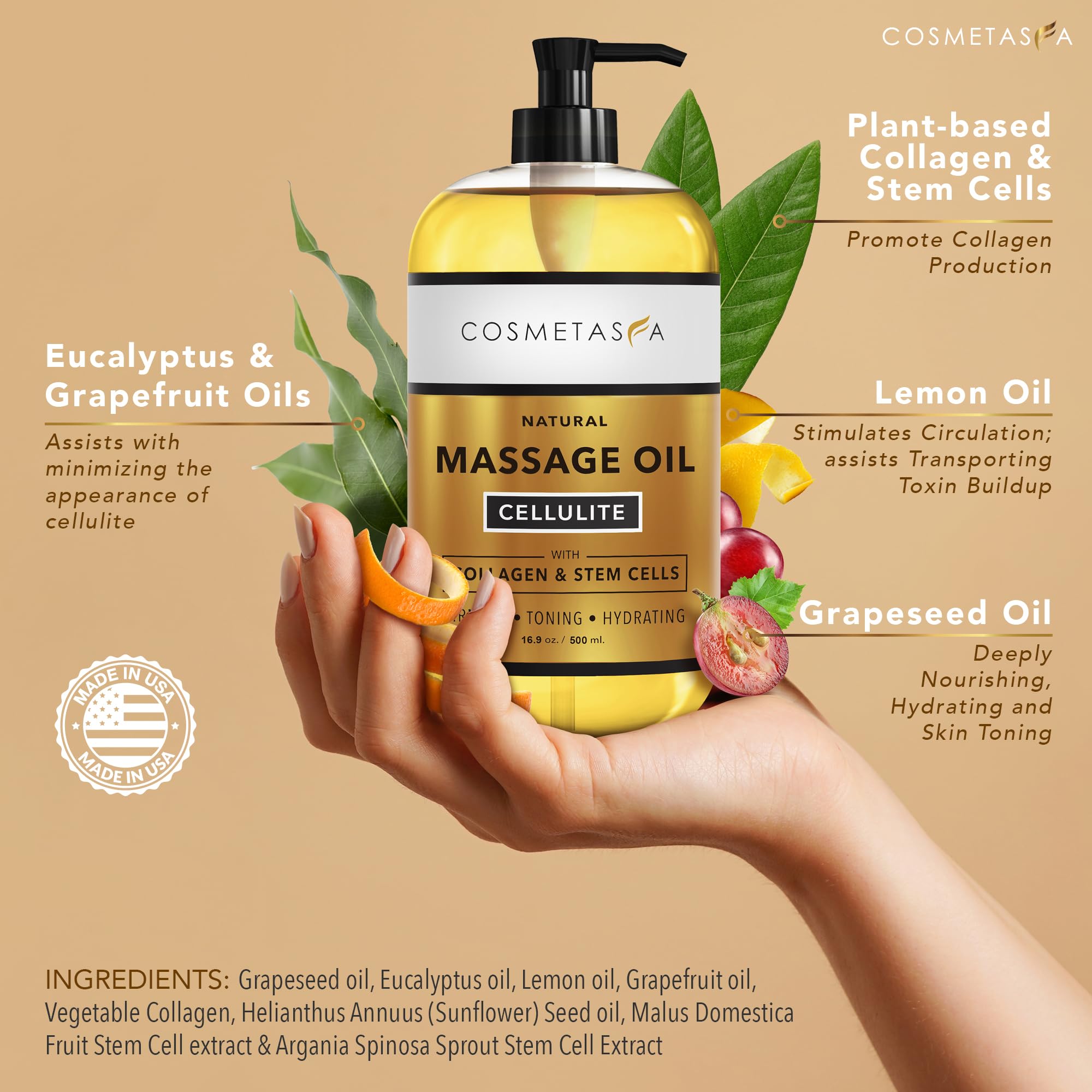 Premium Anti-Cellulite Massage Oil with Collagen & Stem Cells - 100% Natural Firming & Tightening Treatment for Legs, Thighs & Buttocks - Deeply Penetrating Skin Moisturizer for Women - Perfect for Post-Workout Recovery & Spa Days (16.9 fl oz)