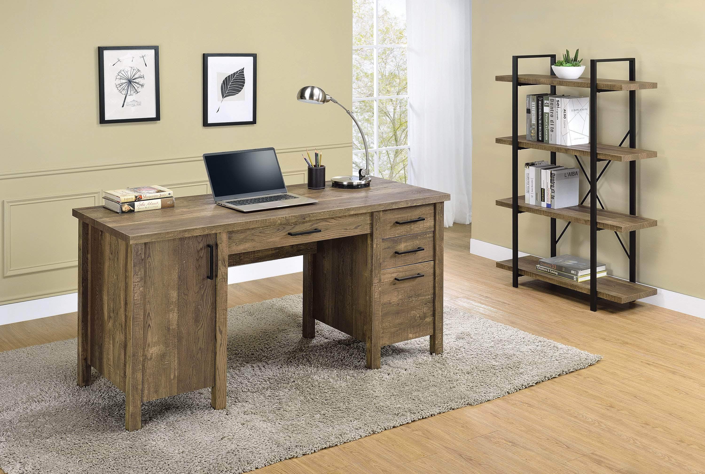 Rustic Oak 4-Drawer Adjustable Shelf Office Desk - Perfect for Home Office, Study Room & Workspace Organization
