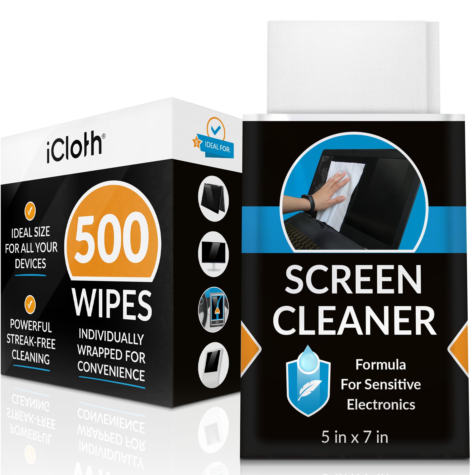 iCloth Large Screen Cleaning Wipes for Electronics - Lint-Free, Streak-Free, Fast-Drying - Removes Dust, Fingerprints & Smudges (500 Count) - Perfect for Phones, Tablets, Laptops & TVs