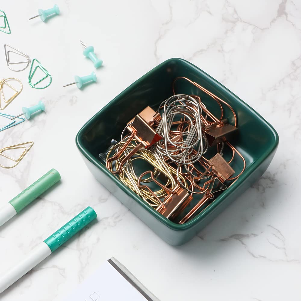 MEI YI TAN Square Ceramic Paper Clip Holder - Dark Green Office Desk Organizer for Paperclips & Binder Clips | Cute Desktop Accessories Dispenser for Home & Office Organization