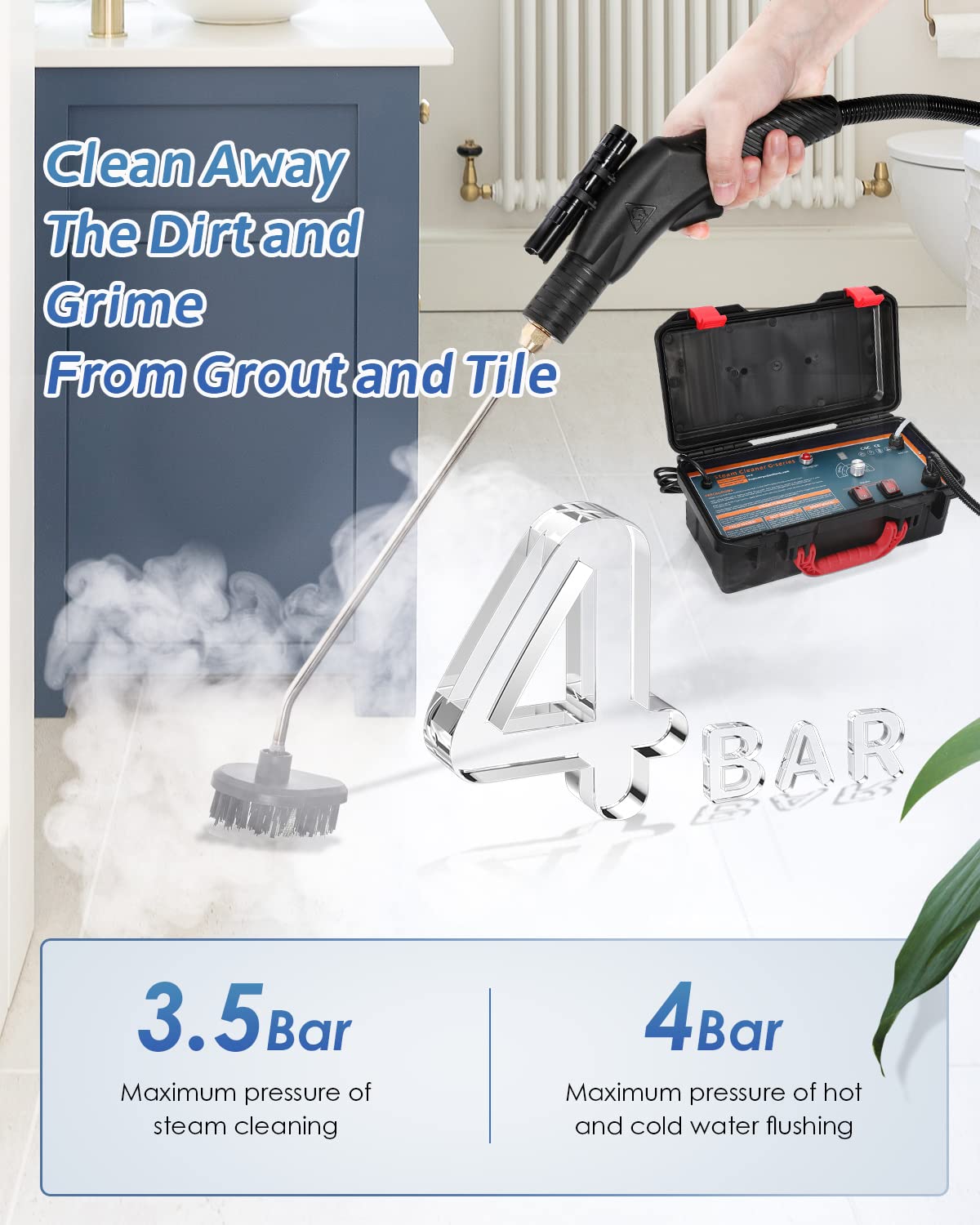 1700W High-Pressure Steam Cleaner G-Series with 2 Nylon Brushes & 2 Brass Brushes - Heavy Duty Cleaning for Floors, Tiles, Grout, Cars, and Outdoor Surfaces
