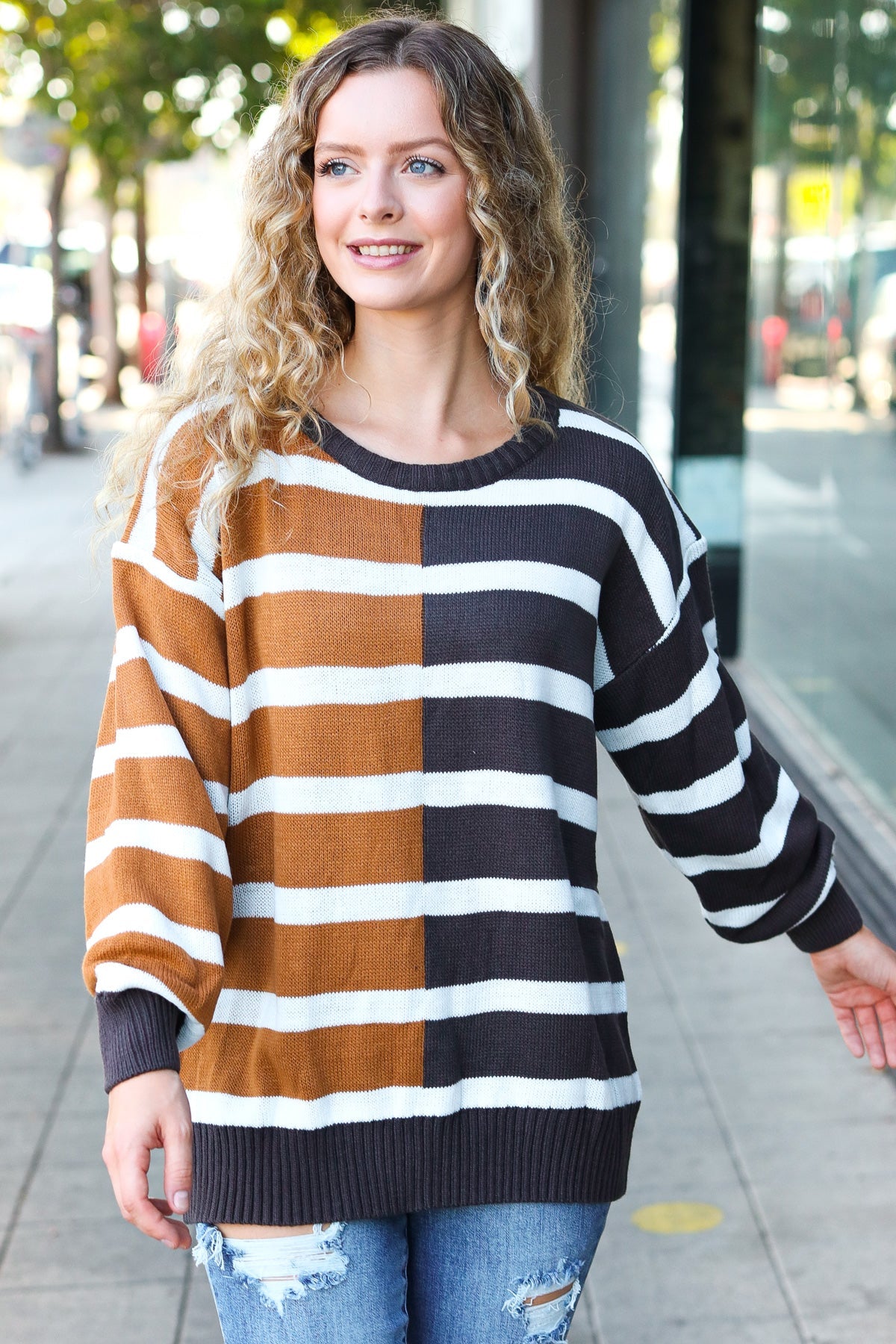Camel & Charcoal Striped Color Block Sweater for Women | Cozy Knit Pullover | Fall Winter Fashion | Casual Office Wear & Weekend Outfits