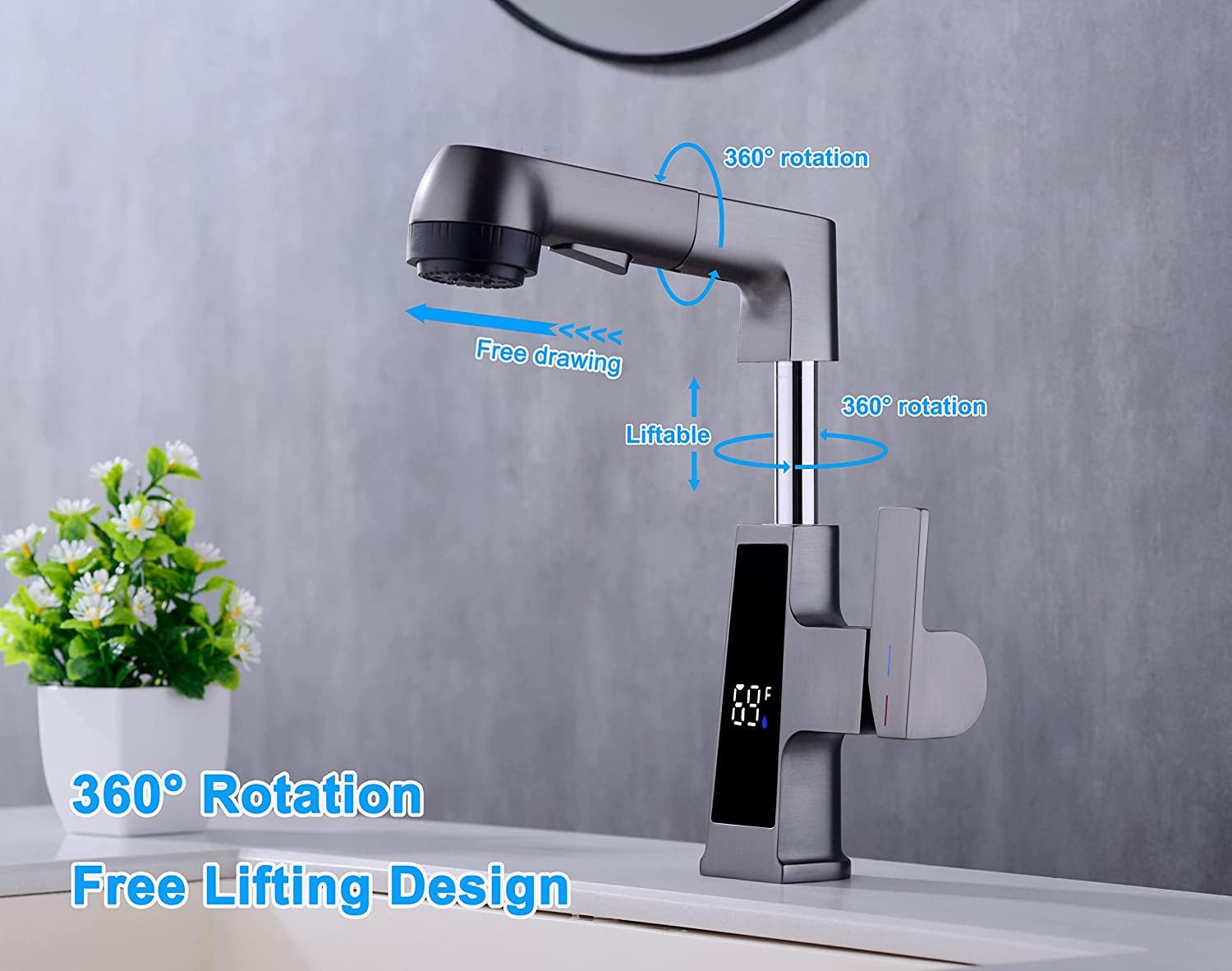 Qeemee LED Bathroom Faucet with Pull Out Sprayer - Grey Digital Temperature Display Sink Faucet with 5 Water Flow Modes, Single Handle RV Vanity Faucet for 1 or 3 Hole Installation - Perfect for Modern Bathrooms, Kitchen Sinks, and RV Living Spaces