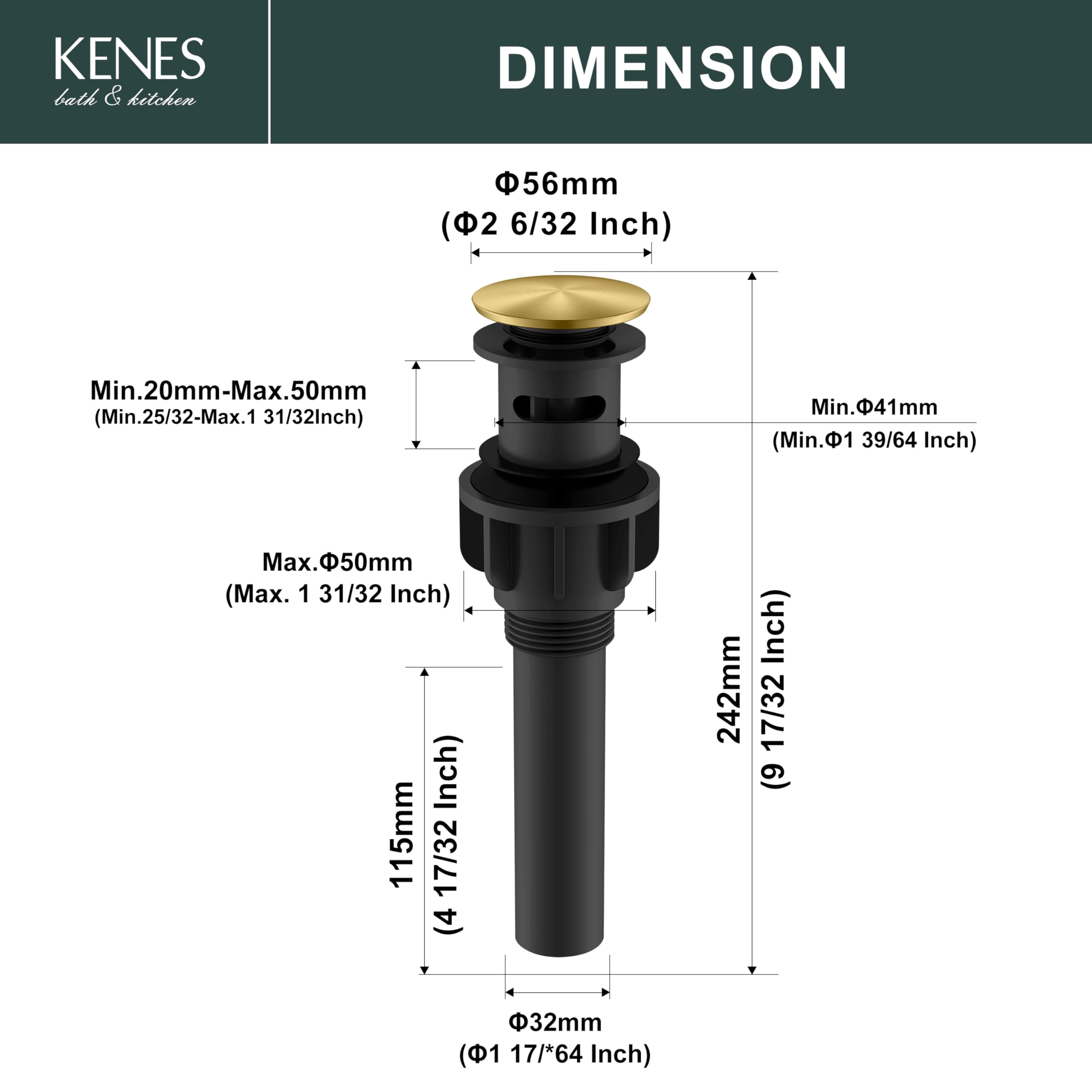 Kenes Brushed Gold Pop-Up Bathroom Sink Drain with Overflow & Strainer - Premium Vessel Vanity Drain Stopper for Modern Bathroom & Lavatory Sinks (Perfect for Home, Hotel, and Spa Renovations)