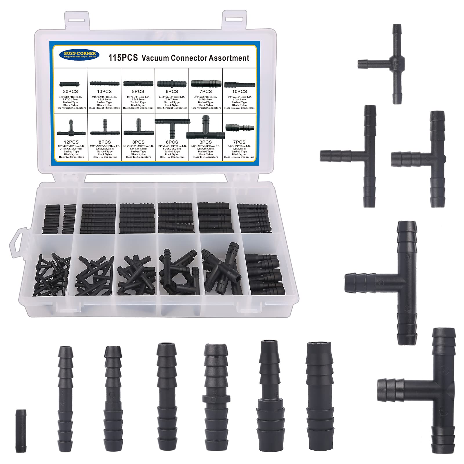 High-Temperature Vacuum Connector Assortment Kit - 240°C (460°F) Heat Resistant Nylon Automotive Vacuum Tubing Connectors & Tee Fittings - 115-Piece Set by BUSY-CORNER - Perfect for Car Engine Repairs, HVAC Systems, and Industrial Applications