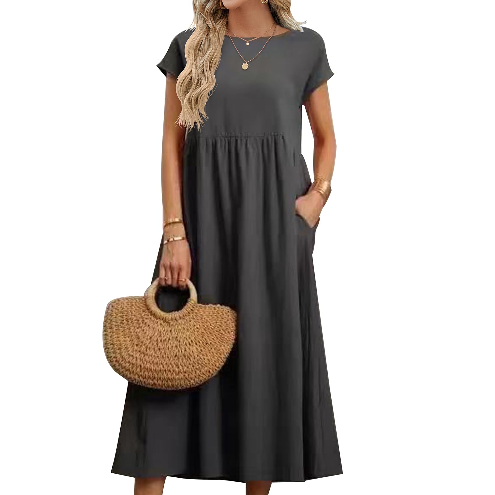 Women's Summer Cotton Short Sleeve Maxi Dress - Crew Neck Casual Beach Dress with Pockets | Perfect for Vacation, Poolside Lounging & Summer Outings