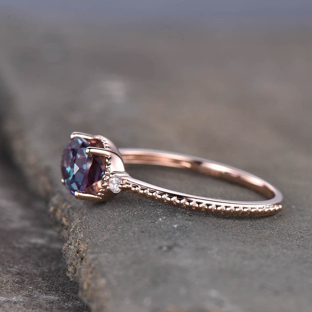 Milgrain Alexandrite Engagement Ring in Rose Gold - East to West Three Stone Ring for Women | Perfect for Weddings, Anniversaries & Proposals