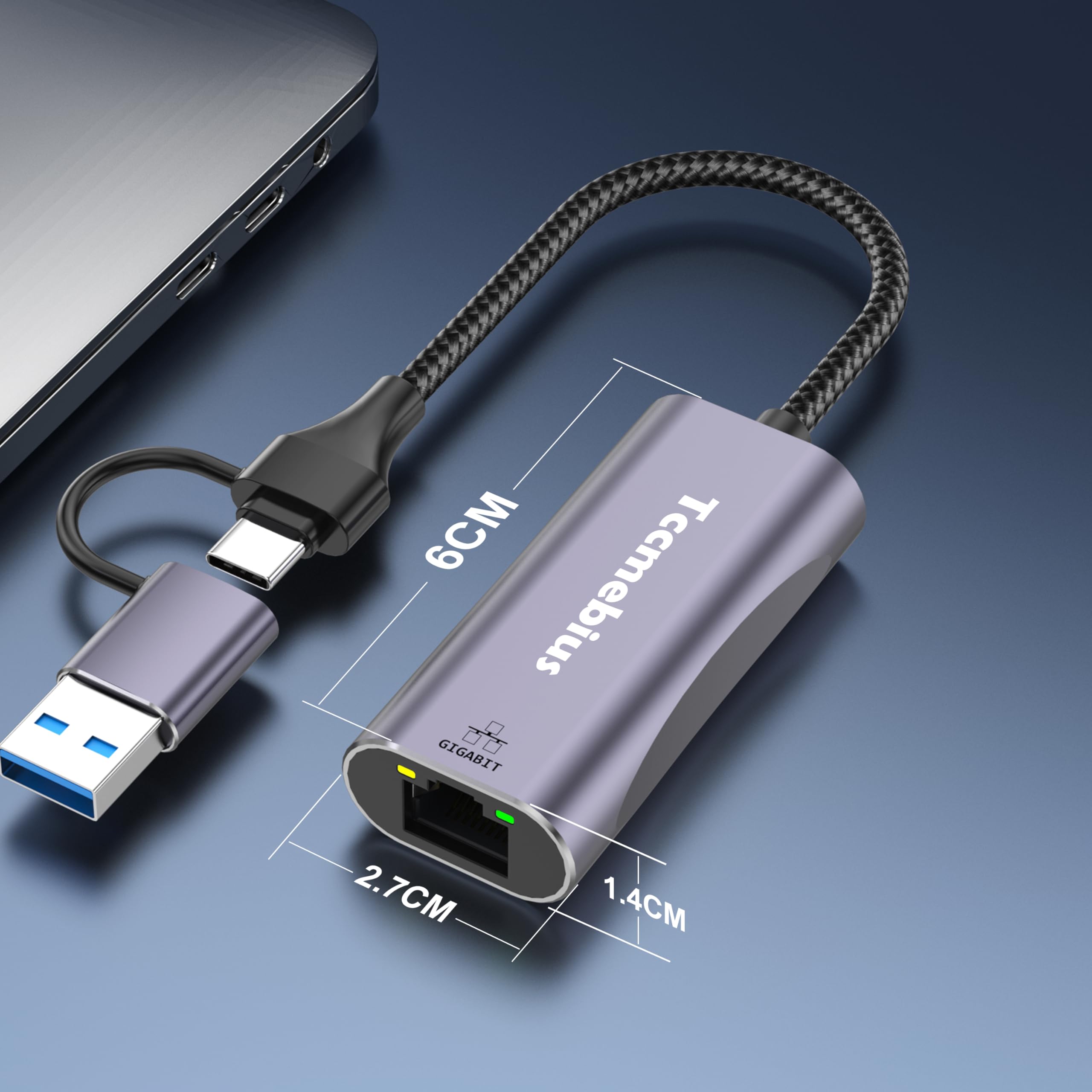 Tccmebius USB Ethernet Adapter, 2-in-1 USB C & USB 3.0 to RJ45 Gigabit LAN Network Adapter 1000Mbps - Compatible with MacBook Pro/Air, iPad Pro, iPhone 15/15 Pro, Surface Pro, Laptops & PCs (TCC-S30B) - Ideal for Home Office, Gaming & High-Speed Internet Connections