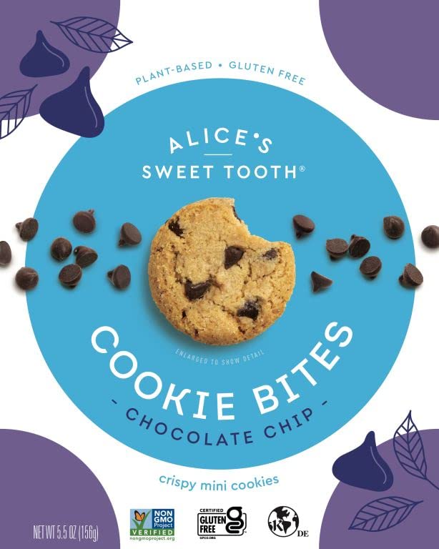 Alice's Sweet Tooth Gluten-Free Vegan Chocolate Chip Cookie Bites - Crunchy Mini Cookies, Plant-Based, Dairy-Free, Grain-Free, Soy-Free, Kosher Snack - 5.5oz Pack - Perfect for School Lunches, Office Snacks & Healthy Desserts