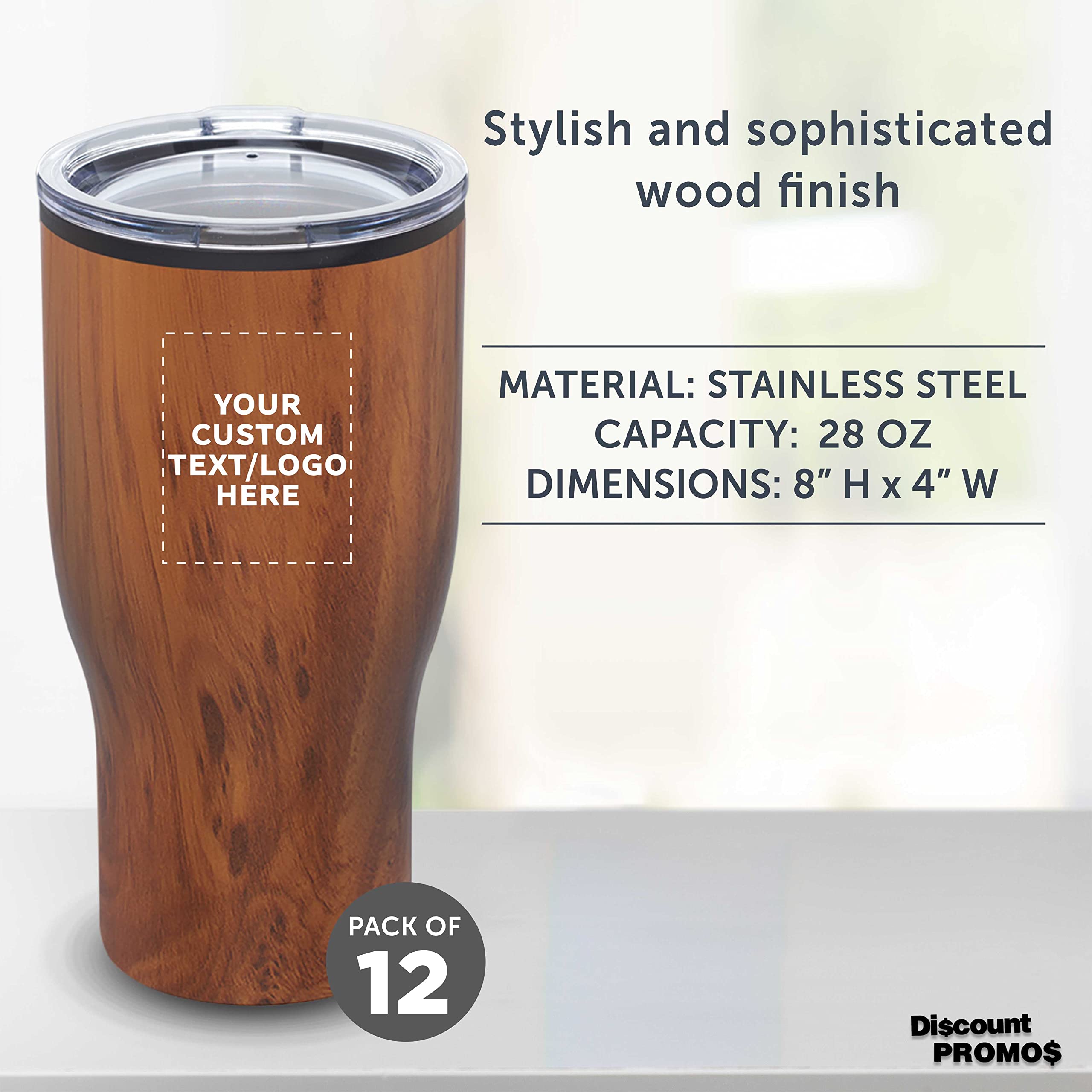 Challenger 28 oz Custom Stainless Steel Travel Mugs - Set of 12 Personalized Bulk Pack - Insulated Coffee & Beverage Cups for Hot & Cold Drinks - Wood Grain Design - Perfect for Office, Camping, Travel & Gifts