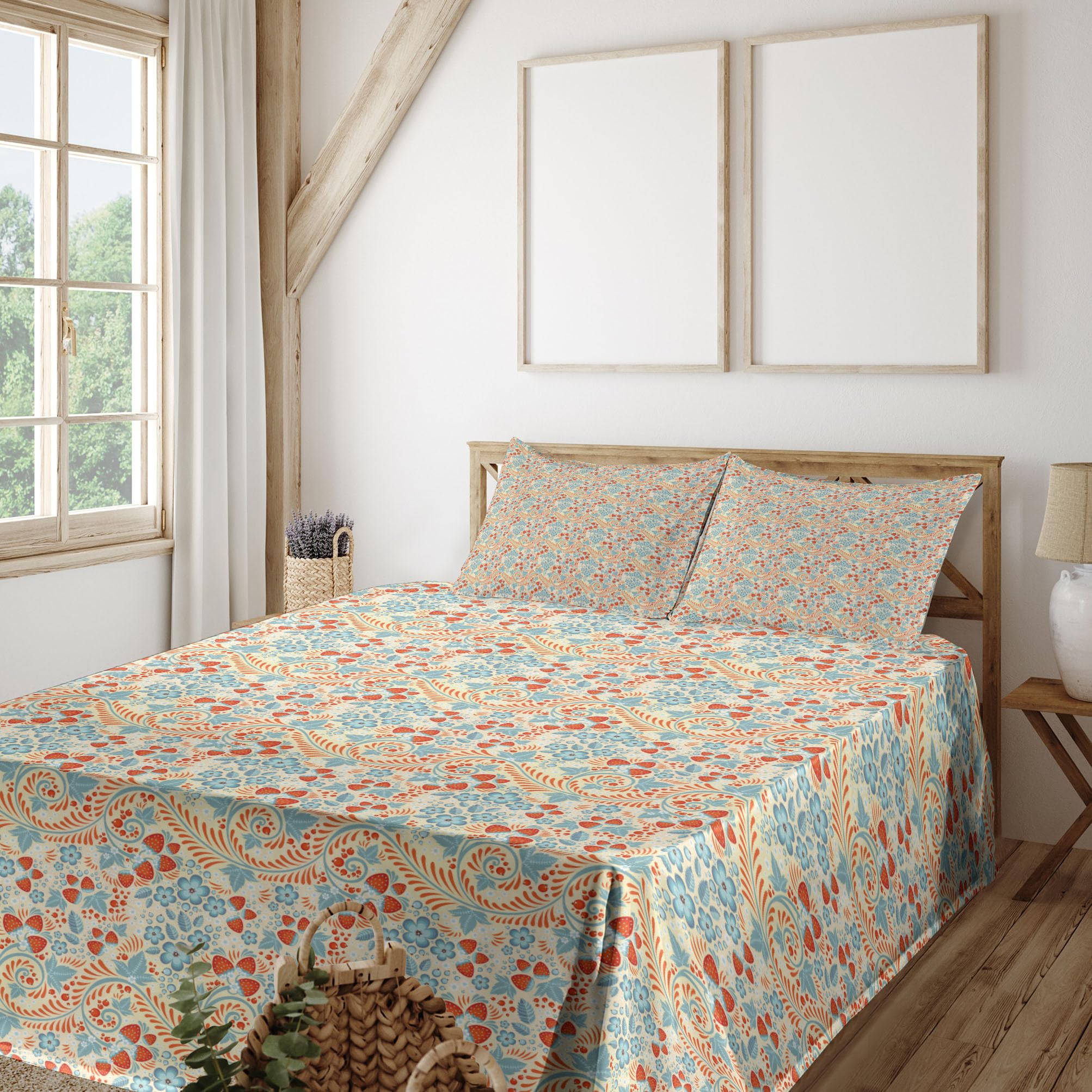 Ambesonne Floral Bed Sheet Set 4-Piece - Traditional Khokhloma Style Flowers & Strawberries Design - King Size Fitted & Flat Sheets with Pillowcases - Cream, Pale Teal & Vermilion - Perfect for Master Bedroom, Guest Room & Vacation Homes