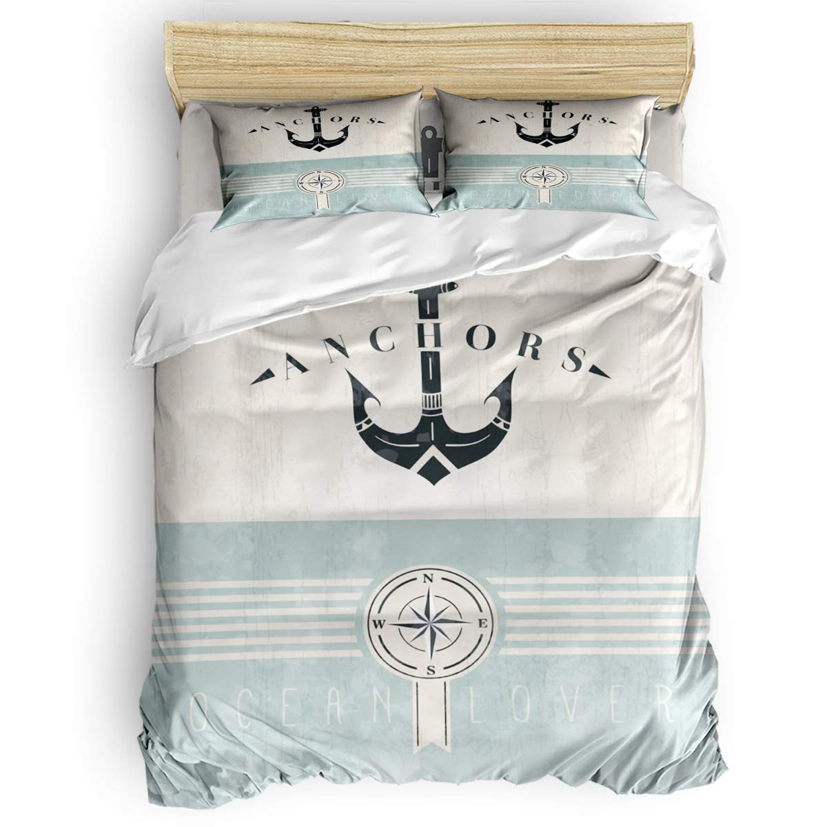 4-Piece Twin Duvet Cover Set with Retro Ship Anchor Design - Includes 1 Duvet Cover, 1 Fitted Sheet & 2 Pillowcases | Coastal Bedroom Decor for Guest Rooms & Nautical Themed Homes