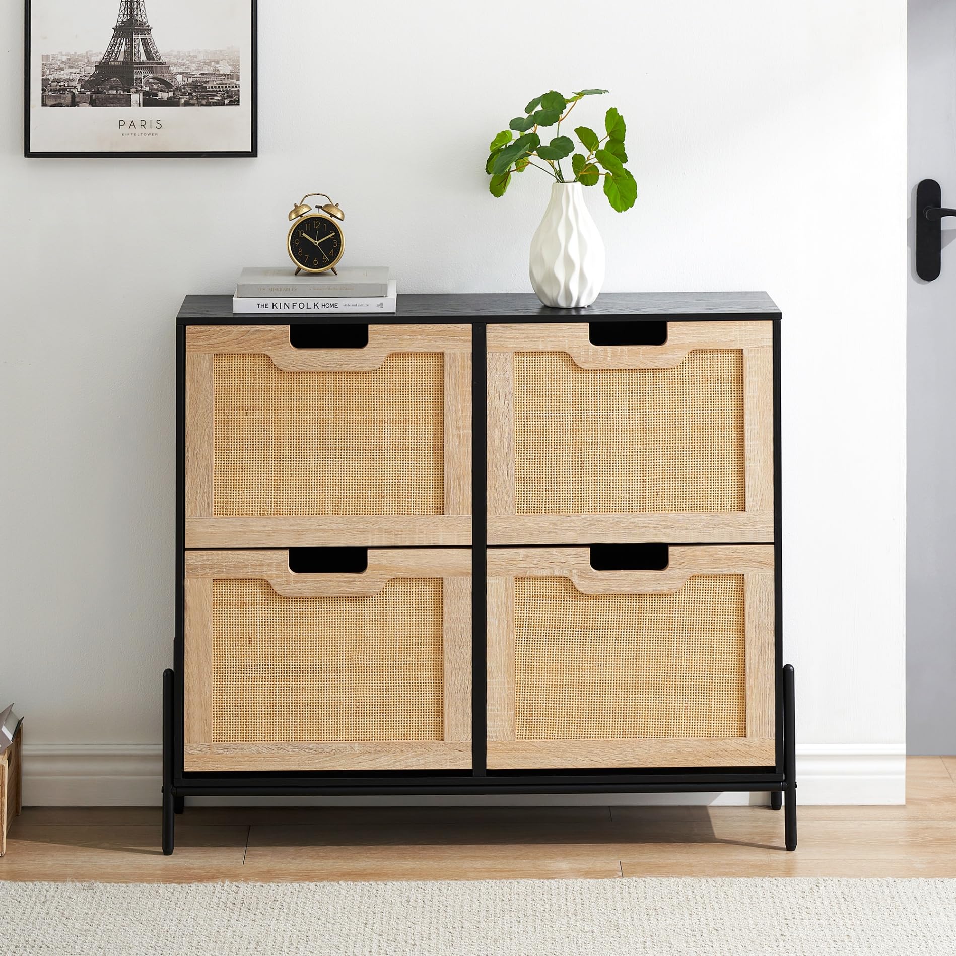 IDEALHOUSE Natural Rattan 4-Door Flip Shoe Cabinet Organizer - Freestanding Modern Shoe Rack with 3-Tier Adjustable Shelves for Entryway, Closet, Hallway - Perfect for Small Spaces, Apartment Living & Home Organization