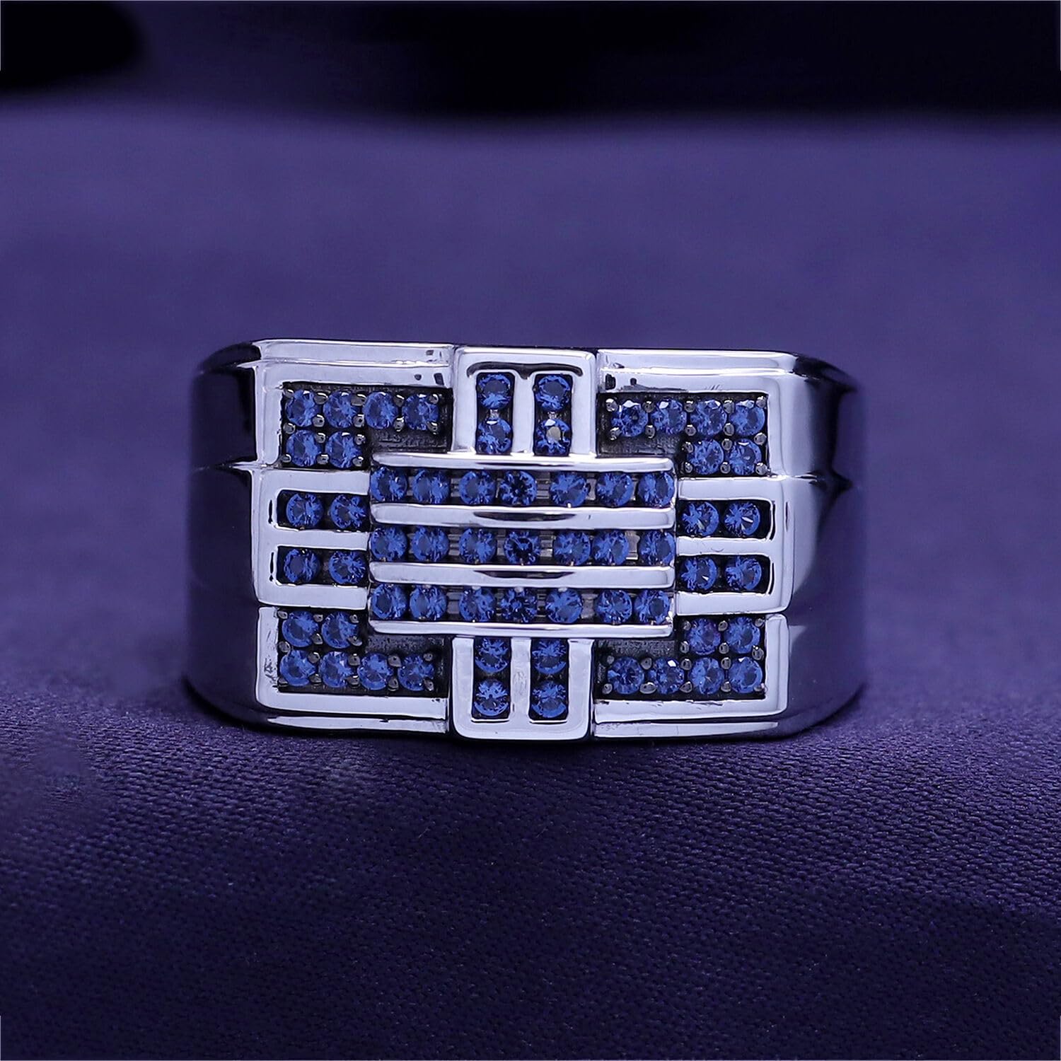 14k Gold Over Sterling Silver Round Cut Simulated Blue Sapphire Men's Band Ring - Elegant Jewelry Gift for Dad, Husband, Boyfriend | Perfect for Father's Day, Anniversary, Wedding & Special Occasions