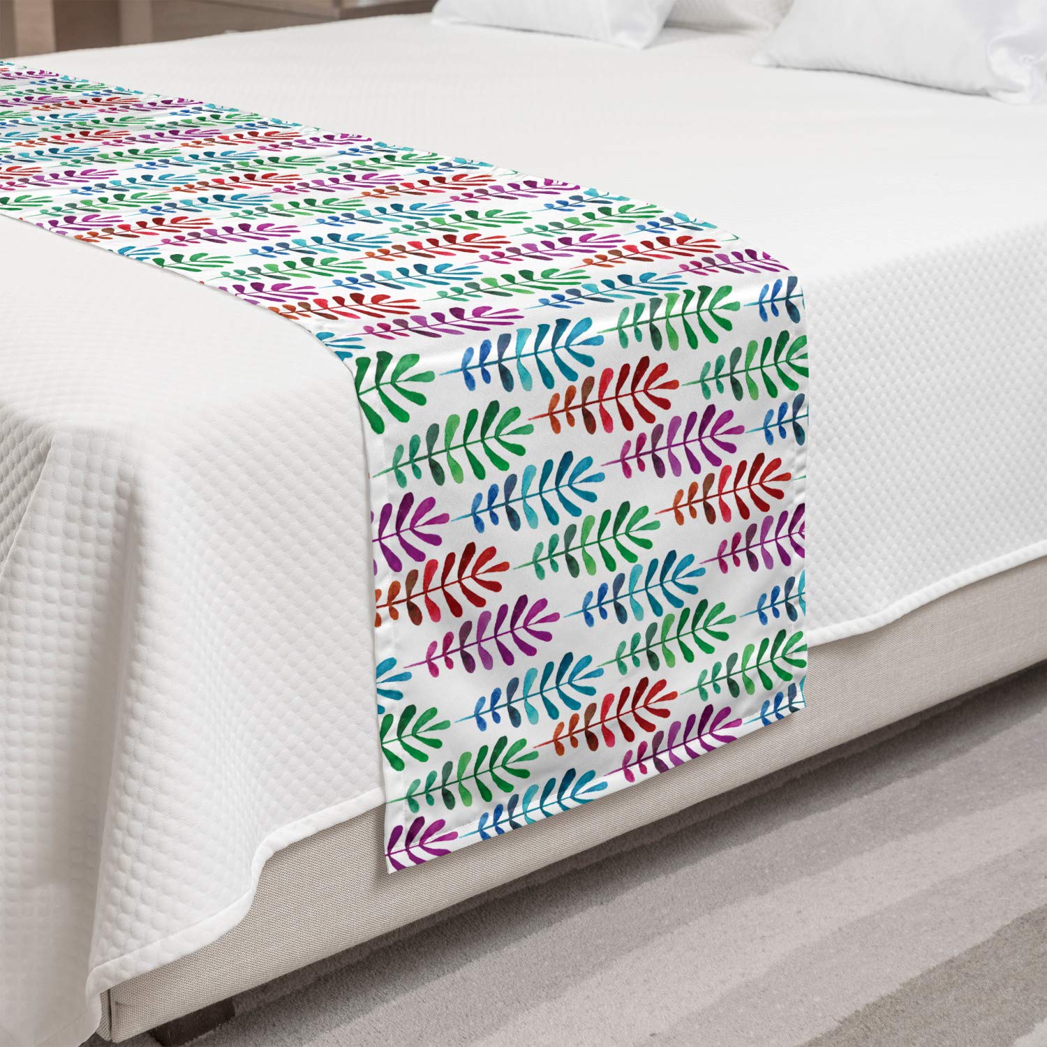Ambesonne Botanical Bed Runner - Colorful Leaves Meadow Foliage Watercolor Plants Petals Branch Nature-Inspired Design | Decorative Accent Bedding Scarf for Hotels, Homes & Guestrooms | Perfect for Spring Decor, Wedding Bedding & Nature-Themed Room Styling