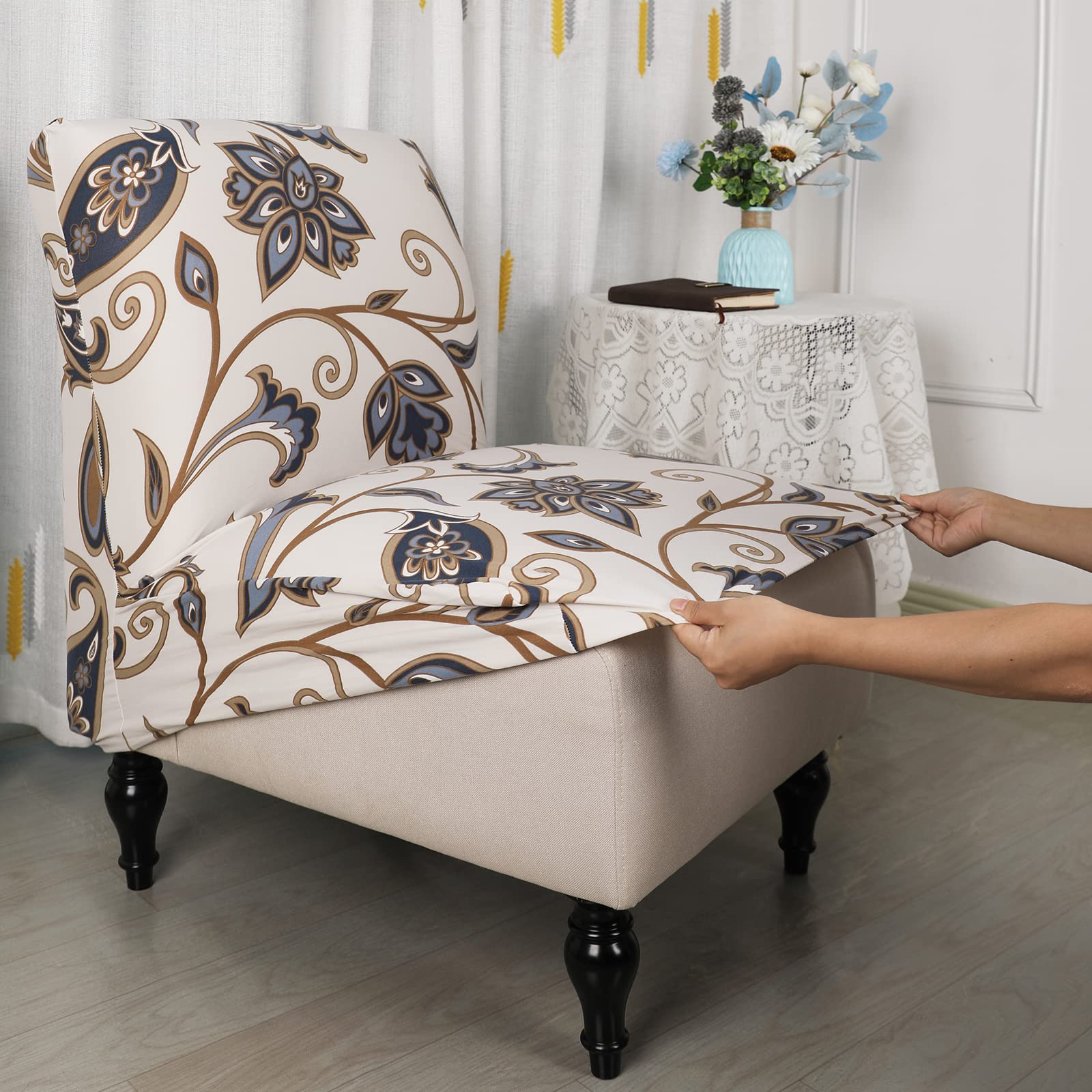 Liykimt Armless Accent Slipper Chair Slipcover - Stretch Spandex Fabric Removable Cover for Armless Chairs - Furniture Protector for Living Room & Dining Room (Beige/Coffee, 1 Pack) - Perfect for Home Decor, Guest Seating & Small Space Furniture