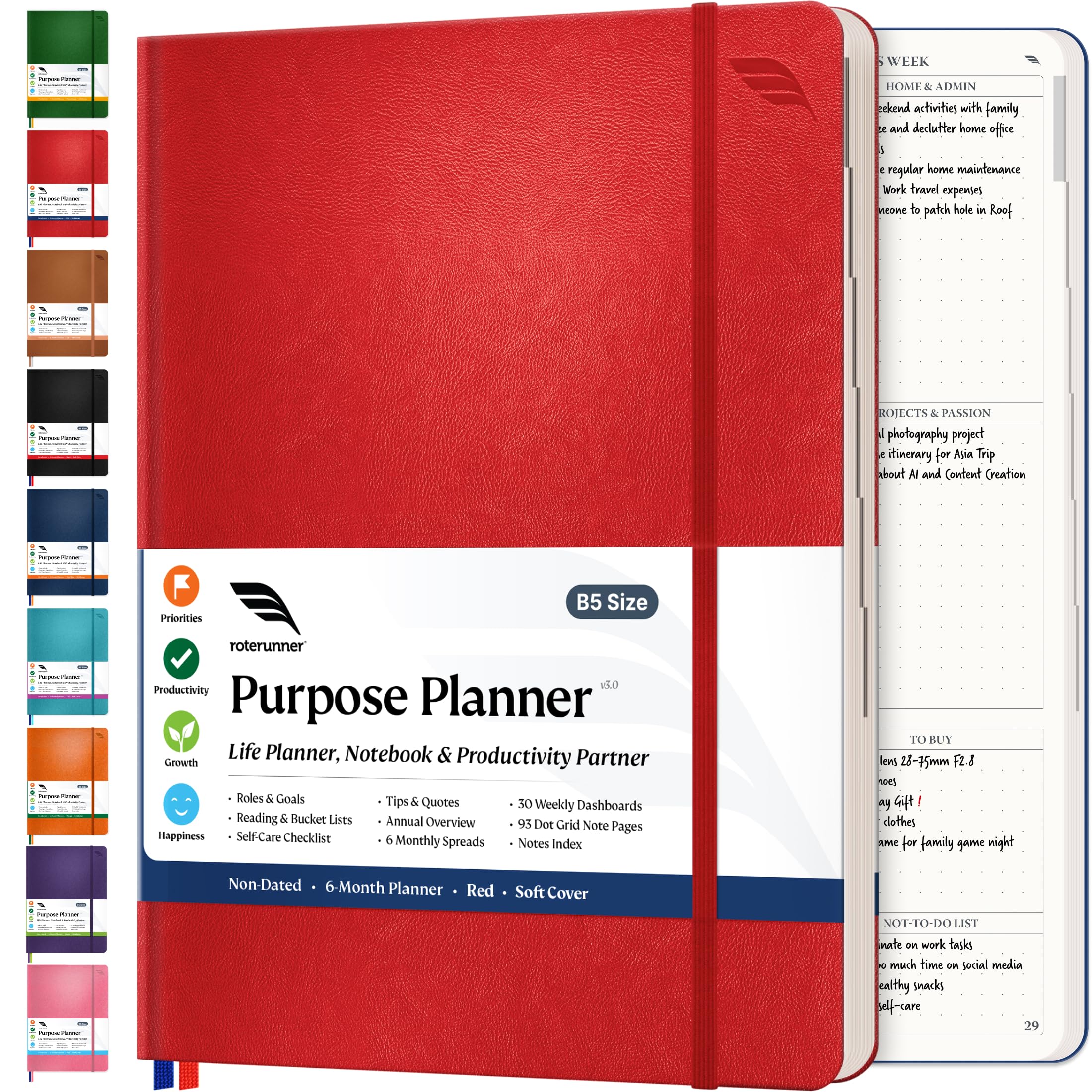 Roterunner Purpose Planner Notebook B5 7.5”x9.8” Undated Daily Weekly Monthly Planner 2025 - Productivity Goal Setting Journal for Work, Home & Self Care | ADHD Planner for Adults, Time Management & Organization Tool for Students & Professionals