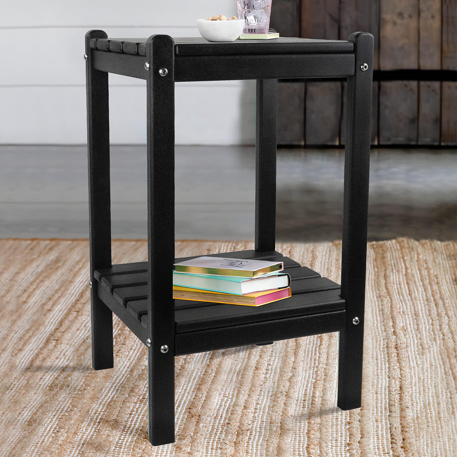 Realife Outdoor Adirondack Side Table - Black Rectangular End Table for Patio, Garden, Porch, Pool & Indoor Use | Perfect for Drinks, Books & Decor