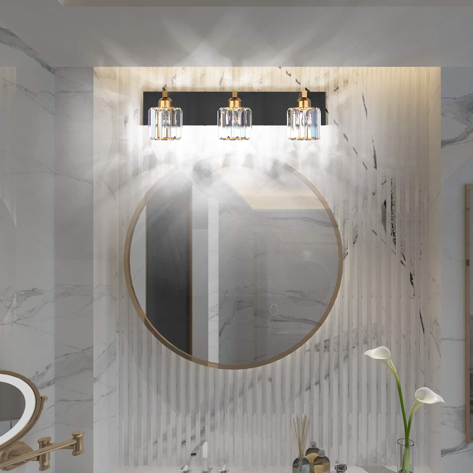 Aipsun Black Crystal Vanity Light - Modern 3-Light Bathroom Lighting Fixture with Clear Crystals (Bulbs Not Included) - Perfect for Bathroom Vanity, Dressing Room & Makeup Area