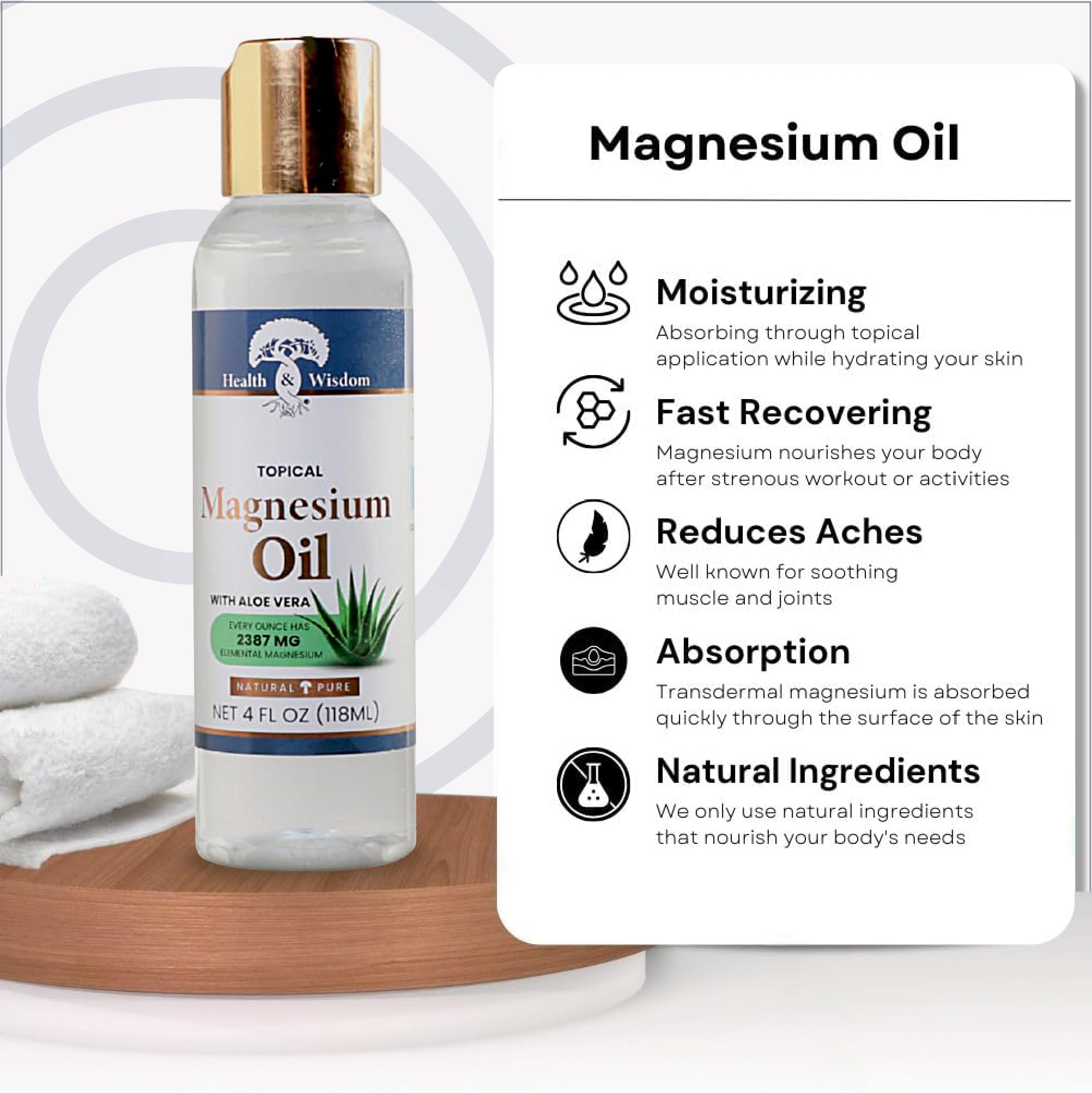 Health and Wisdom Pure Magnesium Oil with Aloe Vera - 4 Fl Oz | Transdermal Magnesium Chloride Oil for Foot Care, Bath & Massage | Relieves Muscle Soreness & Promotes Relaxation | Perfect for Post-Workout Recovery & Stress Relief