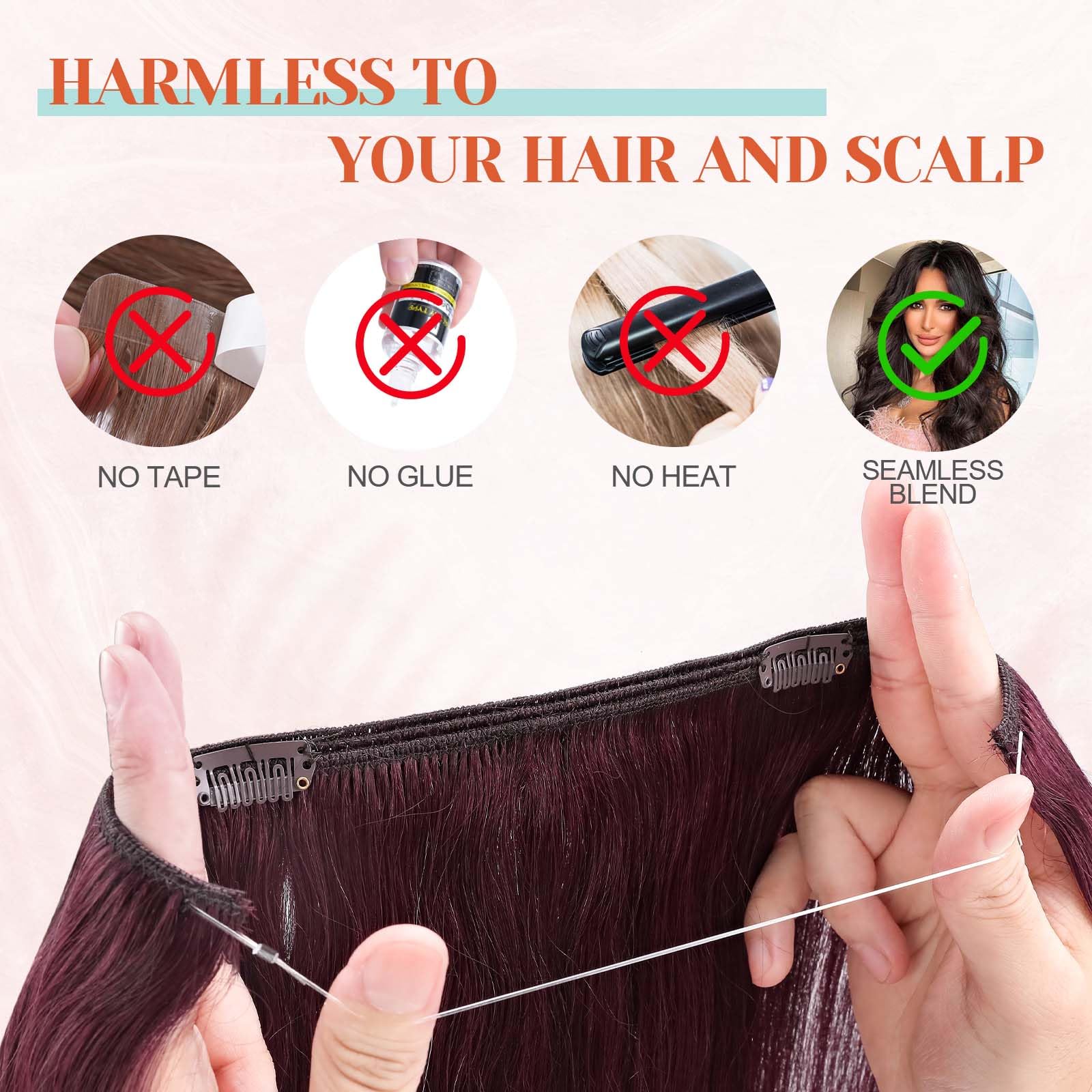Benehair Halo Hair Extensions 18 Inch - 100% Remy Human Hair with Invisible Wire for Volume & Length - #99J Wine Red - Perfect for Weddings, Parties & Everyday Styling