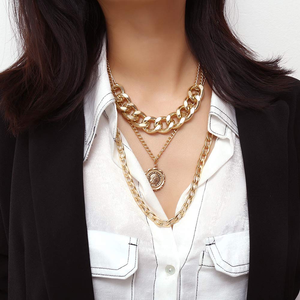 Daimay Chunky Alloy Choker Necklace for Women & Men - Multilayer Gothic Punk Chain with Portrait Pendant - Gold Sweater Chain for Casual Wear, Parties & Gothic Fashion