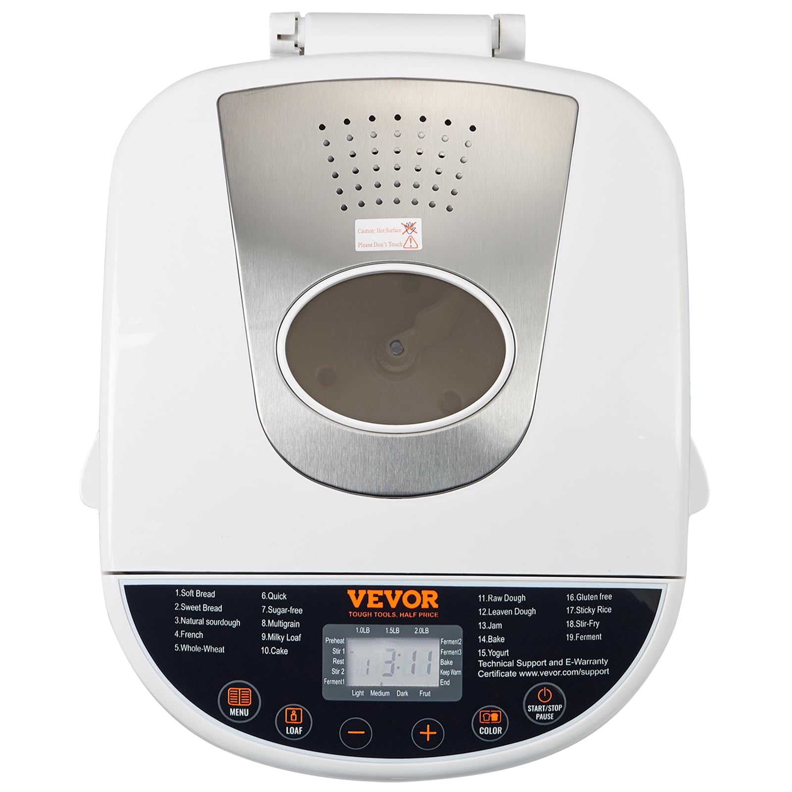 VEVOR 2LB Automatic Bread Maker Machine - 19-in-1 Programmable Dough Maker with Gluten-Free Setting, Nonstick Ceramic Pan, Whole Wheat & White Bread Options, 3 Loaf Sizes & Crust Colors - Perfect for Home Baking, Breakfast & Healthy Eating