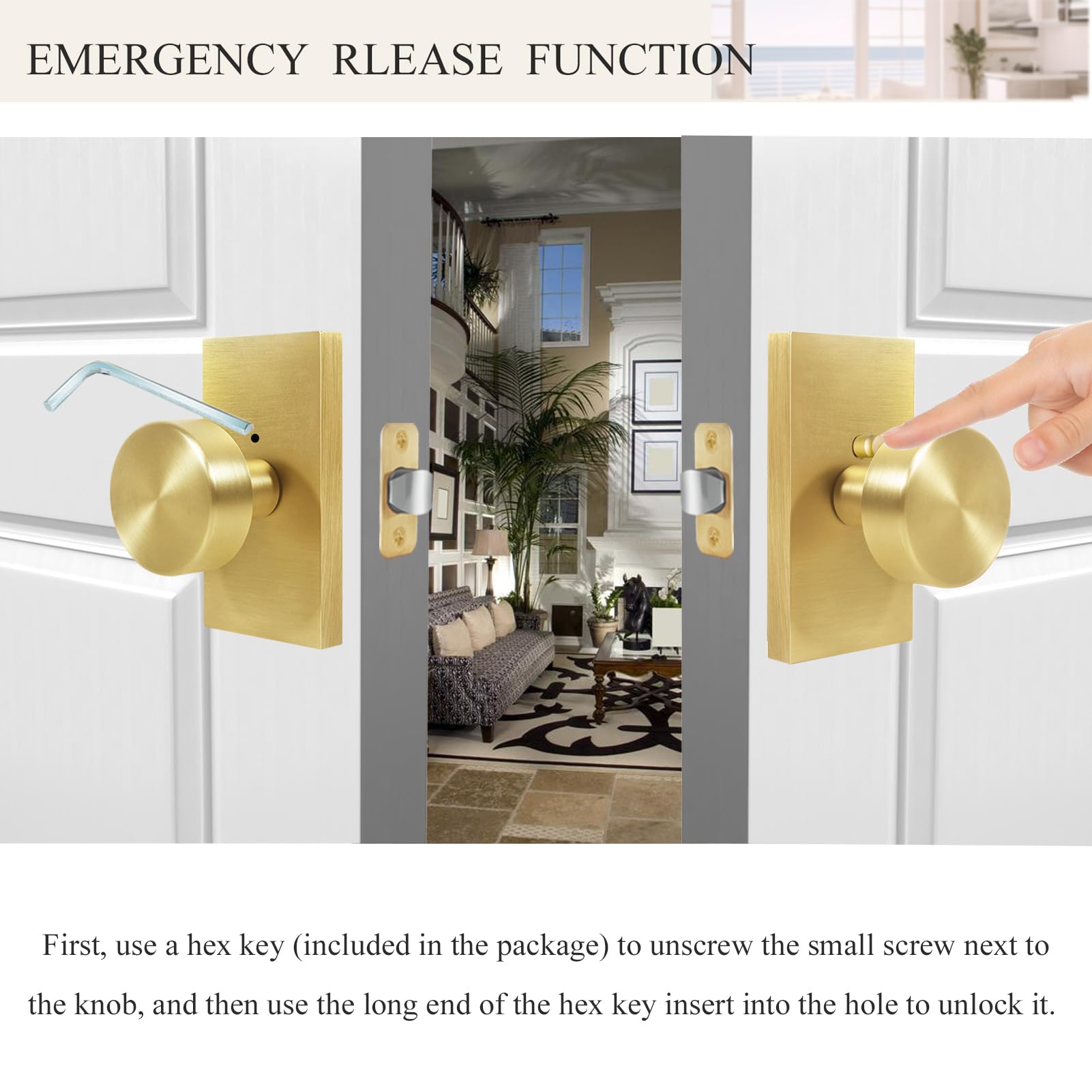 Modern Satin Brass Privacy Door Knob with Lock - Round Interior Door Handle for Bedroom & Bathroom - Rectangle Rosette Design - Perfect for Home Privacy & Security