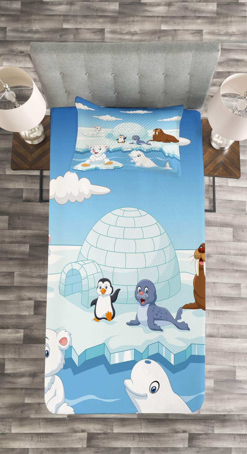 Ambesonne Arctic Animals Bedspread Set - Polar Bears, Seals, Penguins, Wolves & Whales Artwork, 3-Piece Decorative Bedding Coverlet with 2 Pillow Shams, Twin Size, Sky Blue & White - Perfect for Kids' Rooms, Guest Bedrooms & Cozy Winter Decor