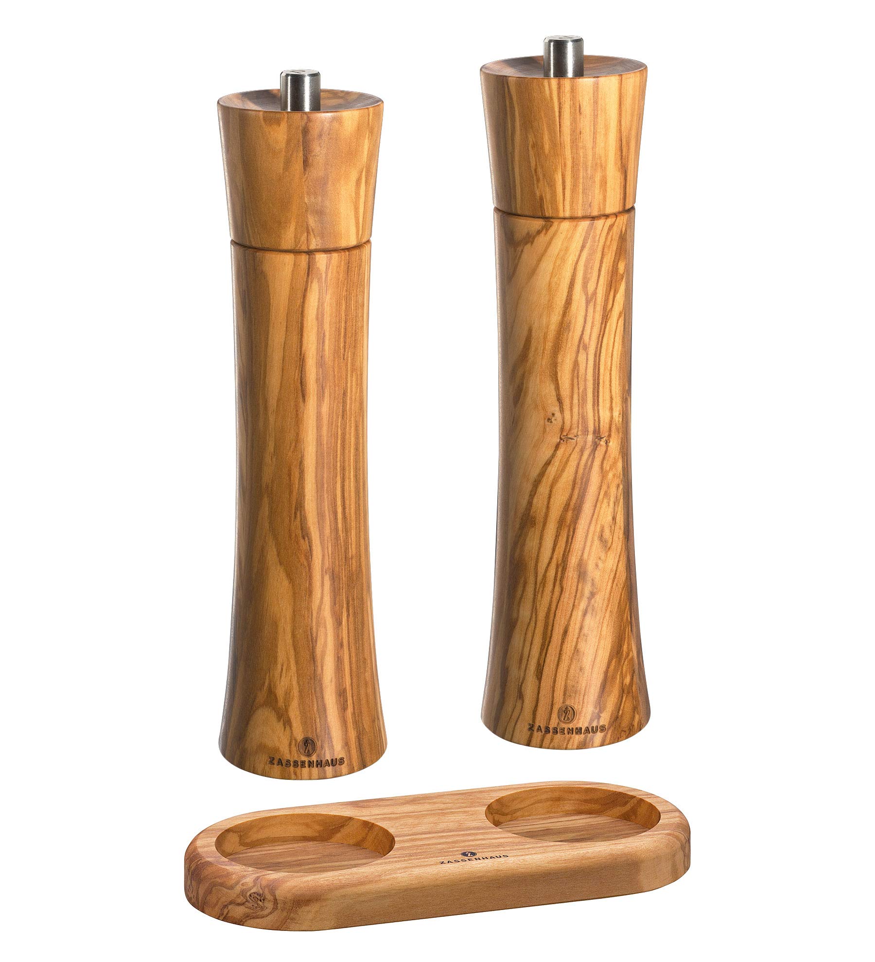 Premium Zassenhaus 9.4-inch Olive Wood Pepper and Salt Mill Set with Stand - Perfect for Kitchen, Dining Table & Gourmet Cooking