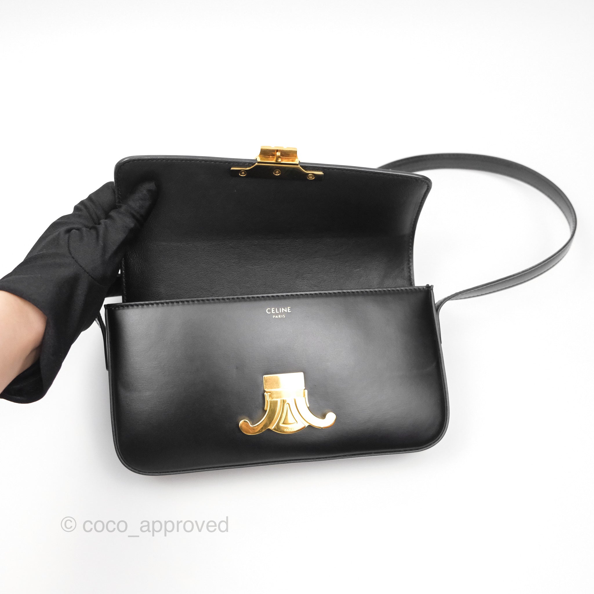 Celine Triomphe Shoulder Bag in Black Calfskin Leather - Luxury Designer Handbag for Women, Perfect for Work, Evening Events & Everyday Use