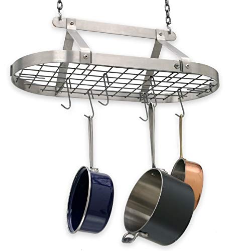 Stainless Steel Classic Oval Ceiling Pot Rack - Enclume Décor Style - Perfect for Kitchen Organization & Space Saving Storage