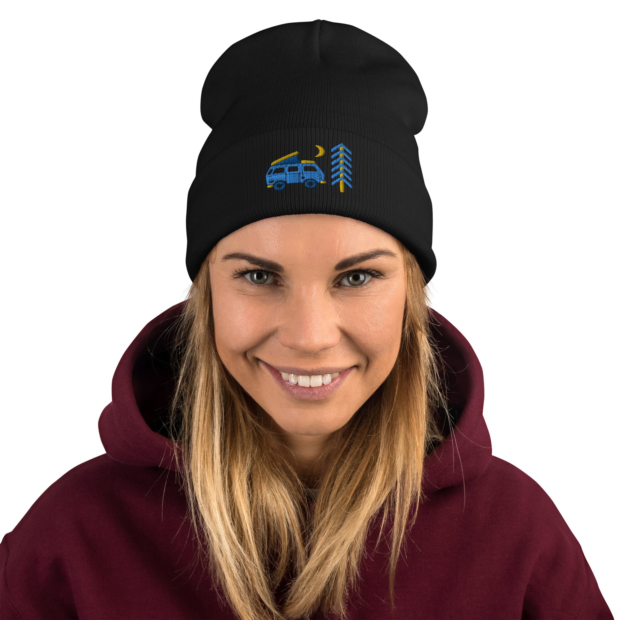 Go Outside Van & Moon Embroidered Beanie Hat - Stylish Winter Knit Cap for Men & Women - Perfect for Outdoor Adventures, Camping, and Urban Fashion