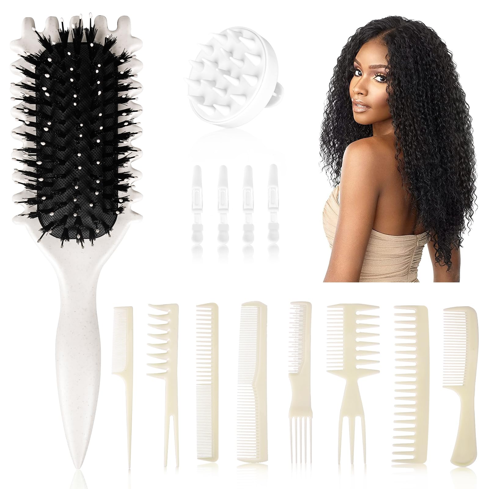 Aura Curl Defining Brush Combo Set - 8-Piece Styling Tools for All Hair Types with Scalp Massager & 4 Hair Clips - Perfect for Salon, Home & Travel Hair Care