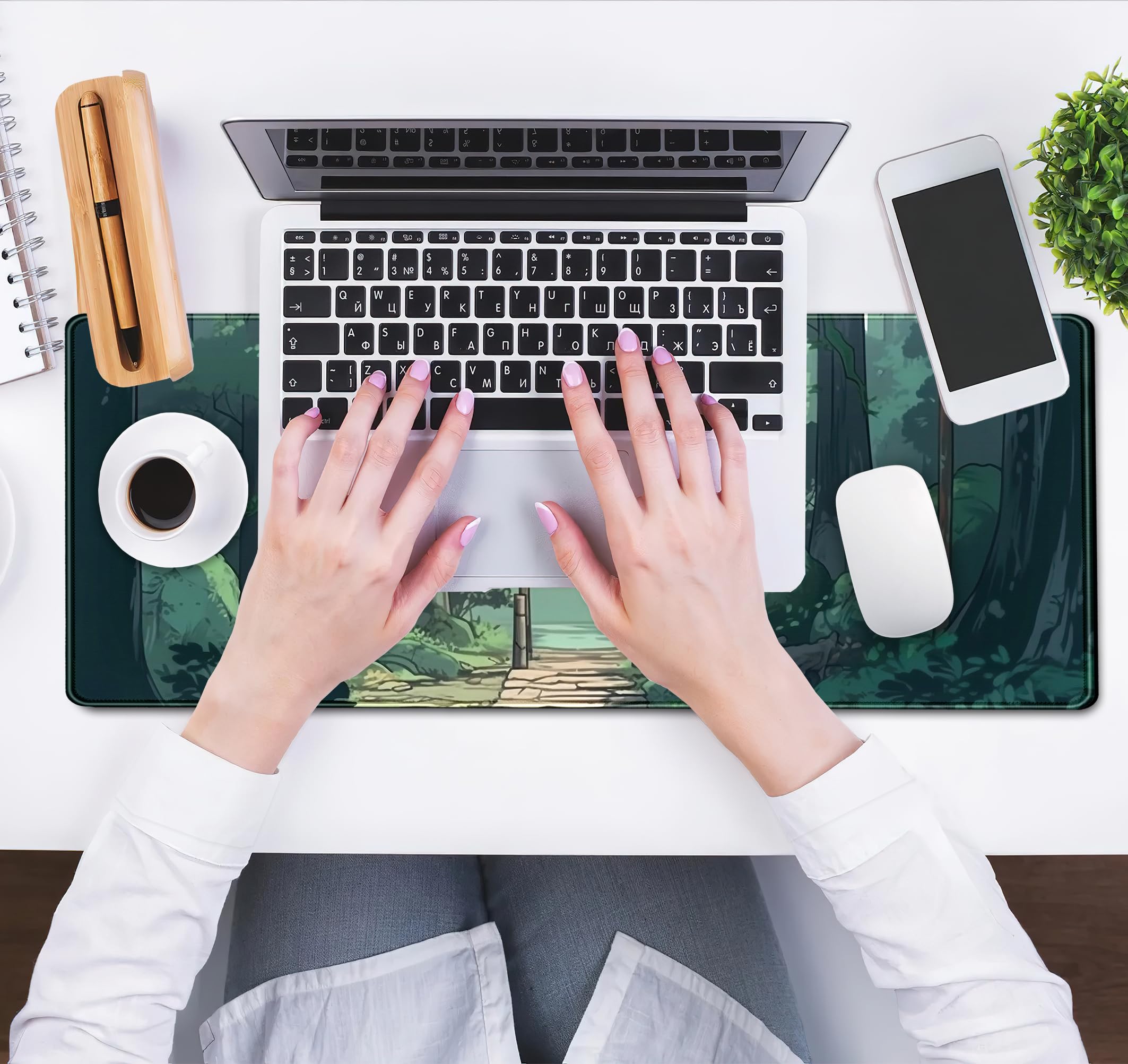 Japanese Green Forest Gaming Mouse Pad - XL Large Anime Tree Woodland Desk Mat for Office & Laptop, Cute Aesthetic Women's Computer Keyboard Mouse Mat with Stitched Edges (31.5''x11.8'') - Perfect for Gaming, Work & Home Office Decor