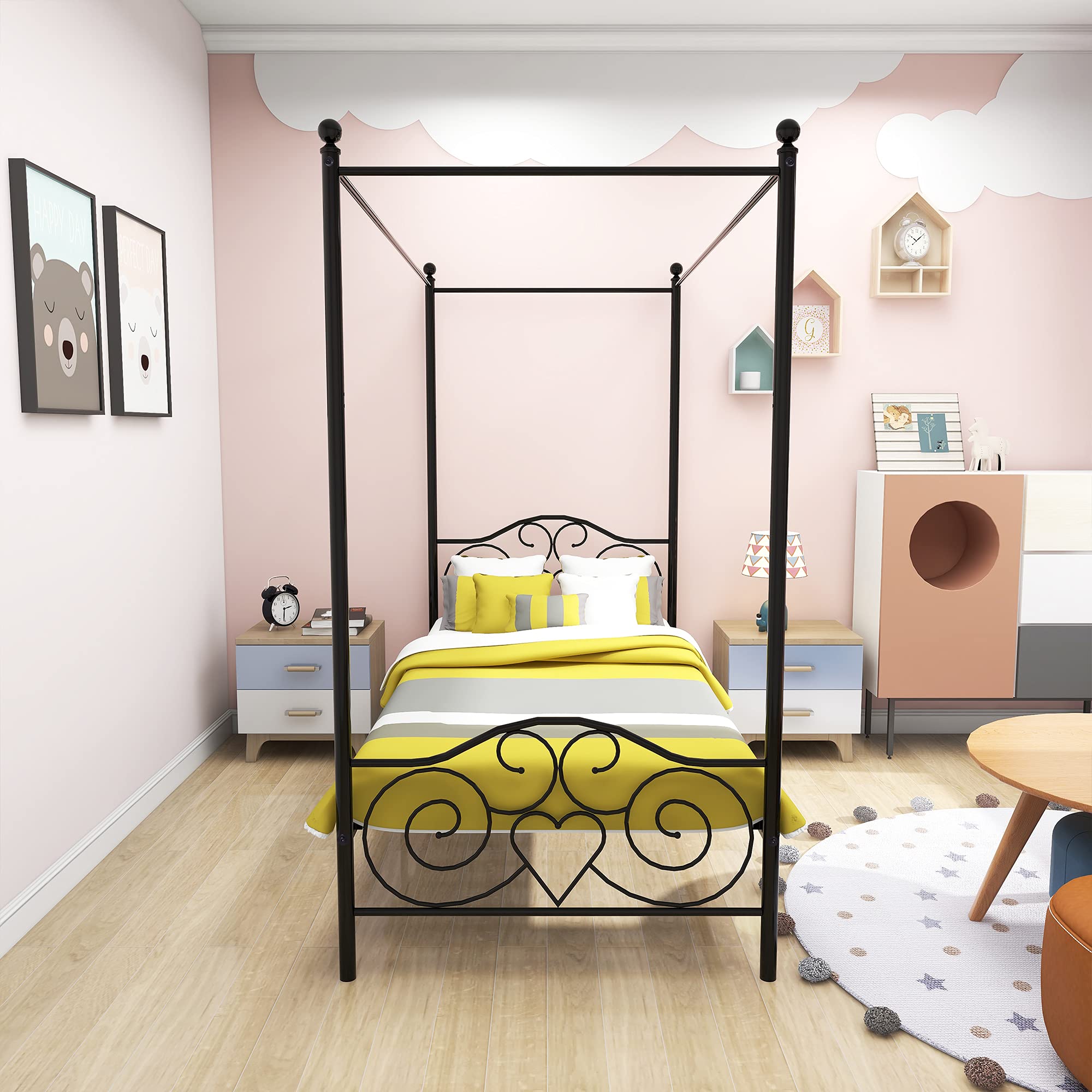 Sturdy Metal Canopy Bed Frame with Headboard & Footboard - Heavy Duty Steel Slats, No Box Spring Needed (Twin Size, Black) - Perfect for Bedroom, Guest Room & Dormitory Decor