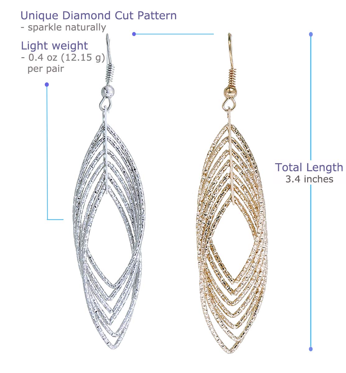 Elegant Drop Dangle Earrings for Women - 2 Pairs Diamond Cut Silver & Gold Plated Jewelry Set | Perfect for Parties, Weddings & Date Nights