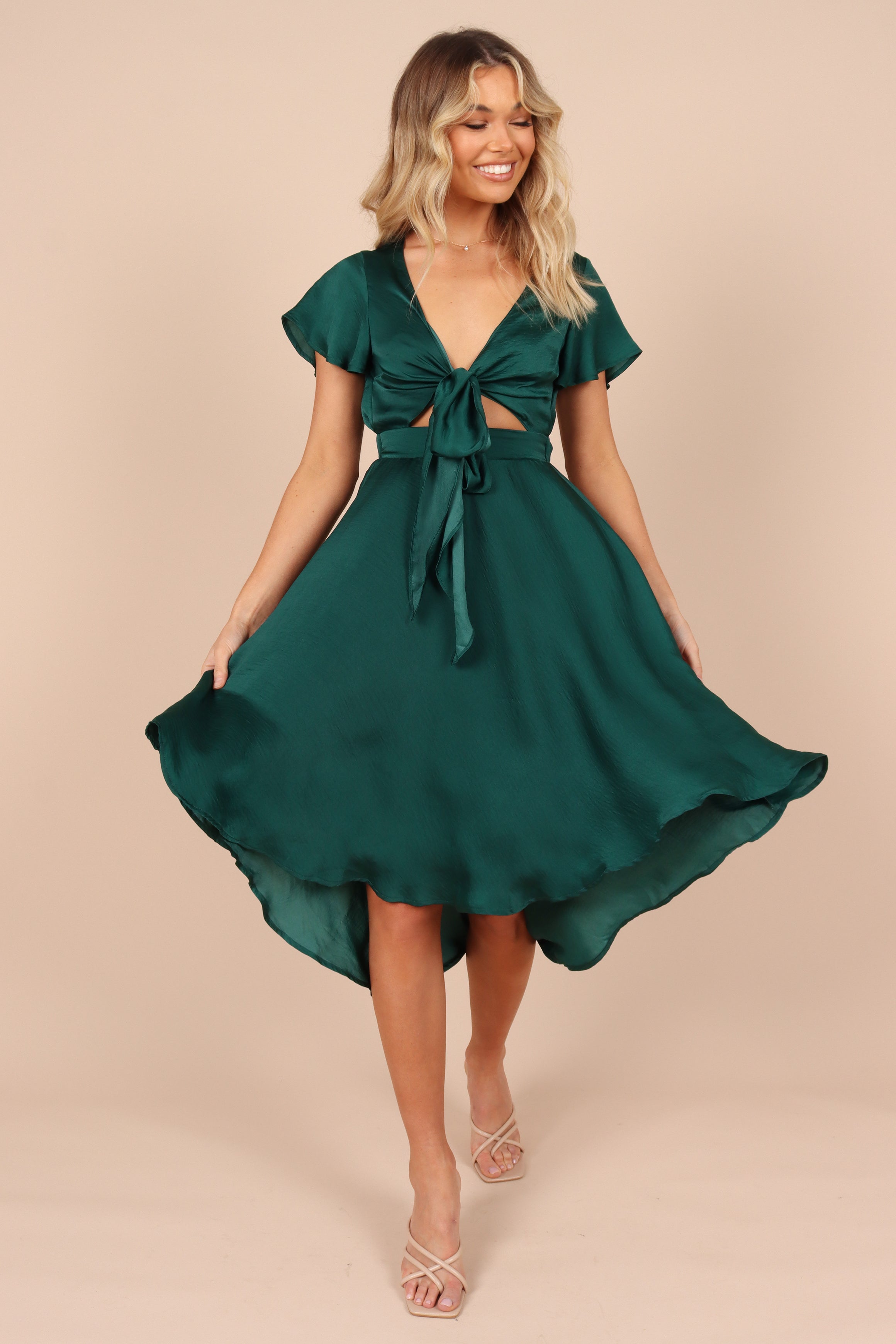Amanda Hi Lo Tie Front Dress - Emerald Green Women's Fashion for Casual Outings & Evening Events