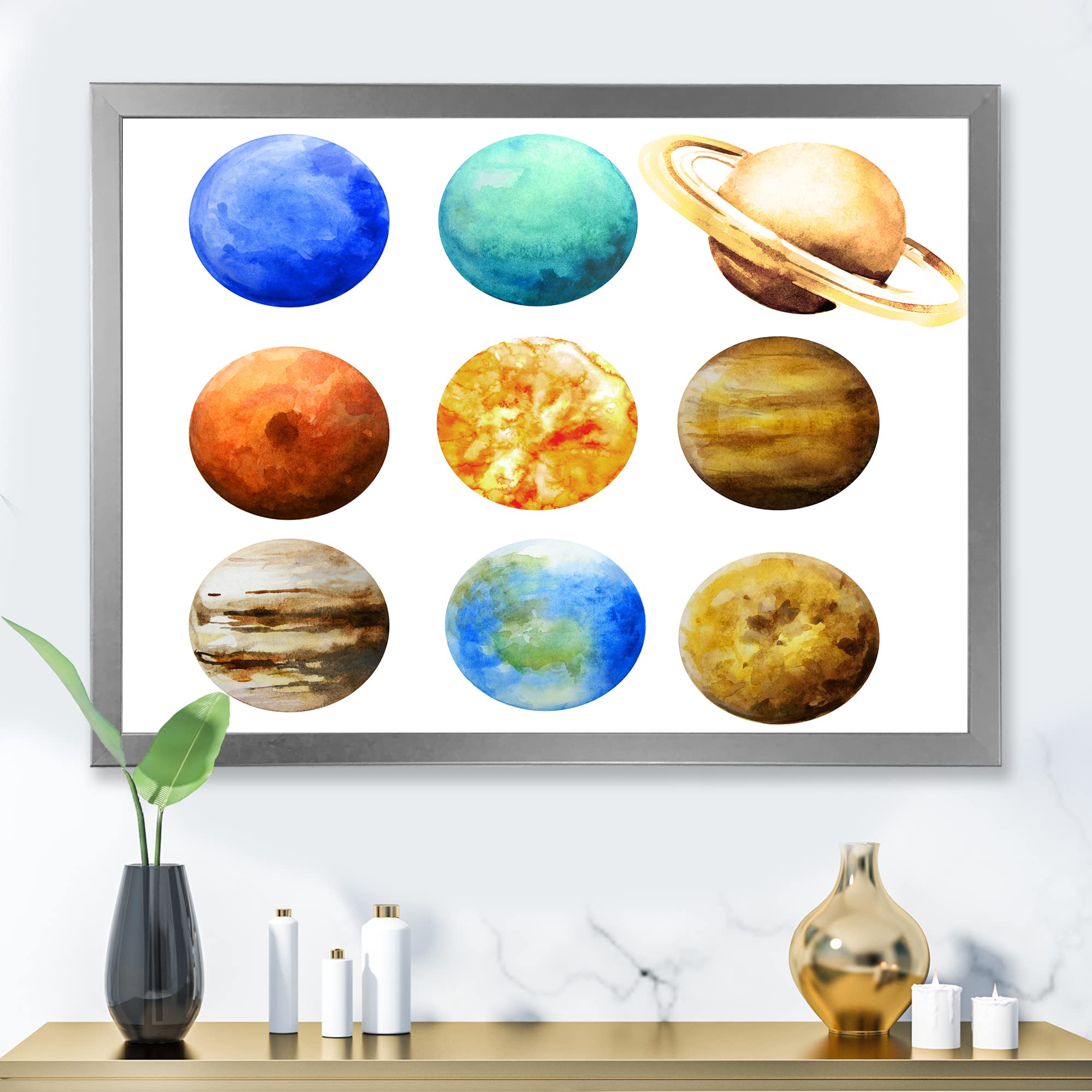 DesignQ Various Planets in Orbit Modern Framed Wall Art - Solar System Decor for Living Room, Bedroom & Office