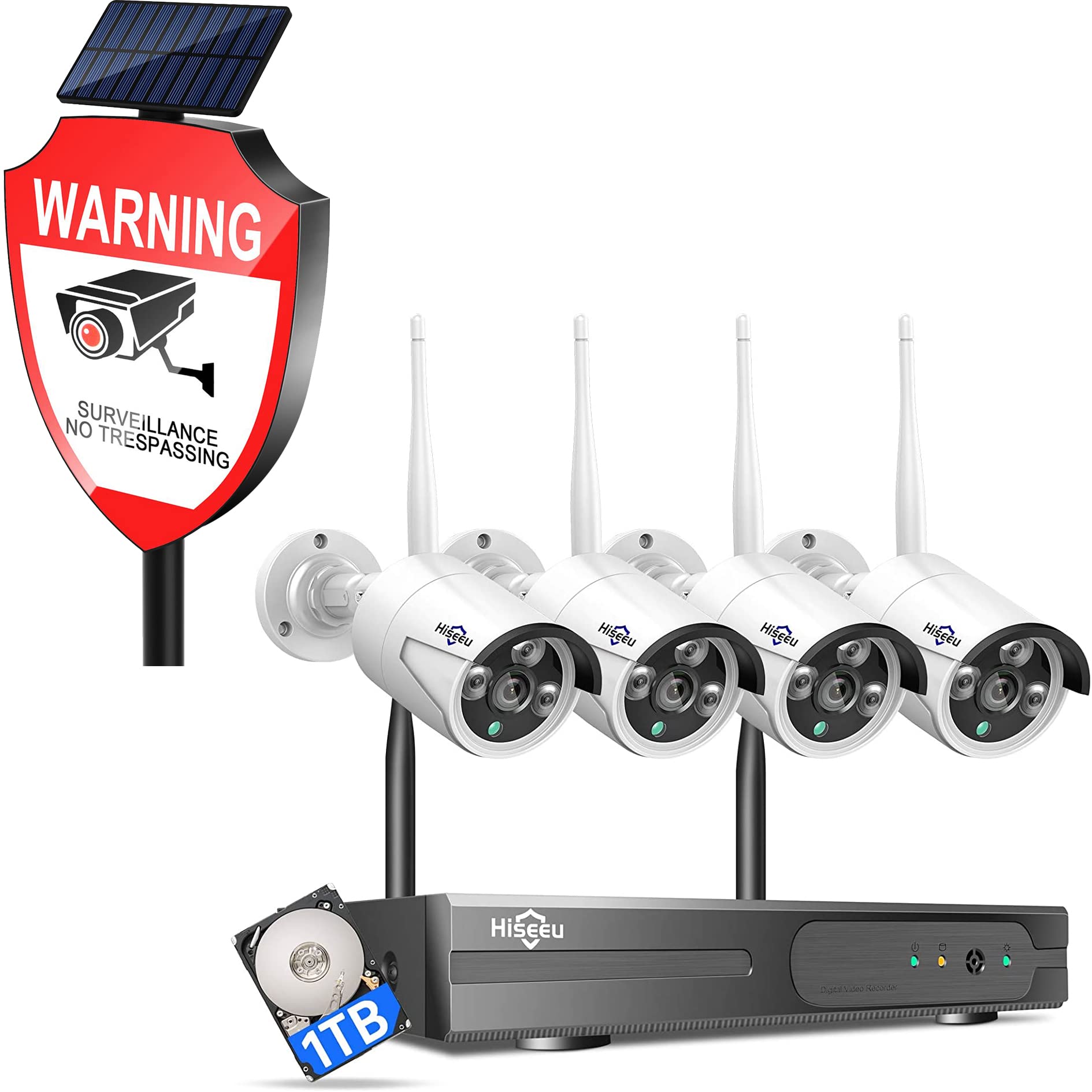 Solar Powered Wireless Security Camera System with 1TB Hard Drive, One-Way Audio & IP66 Waterproof - Outdoor Yard Security Monitoring for Homes, Farms & Businesses