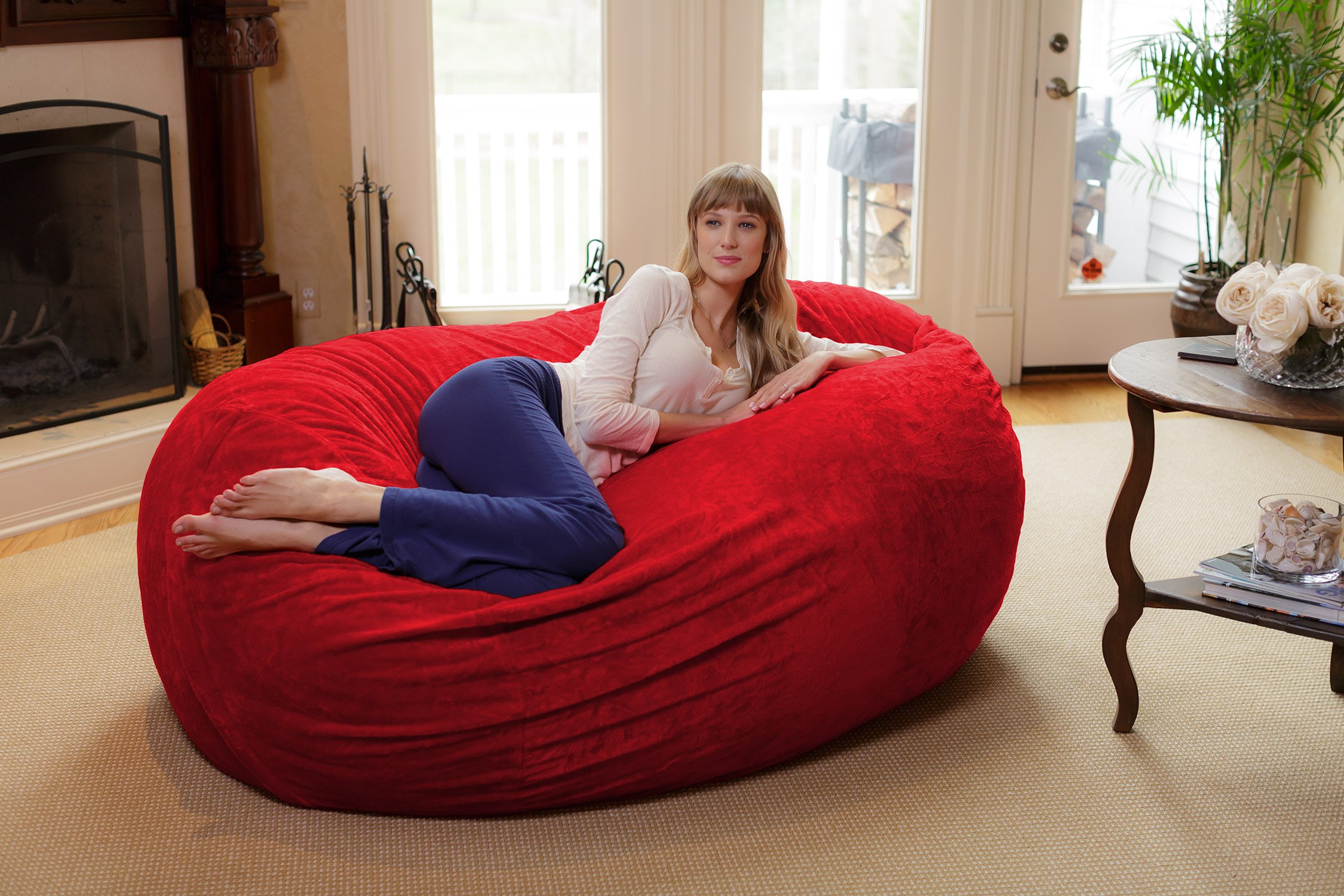 Chill Sack 6ft Memory Foam Bean Bag Chair - Oversized Lounger with Soft Microfiber Cover (Red Furry) for Living Room, Game Room & Dorm Relaxation